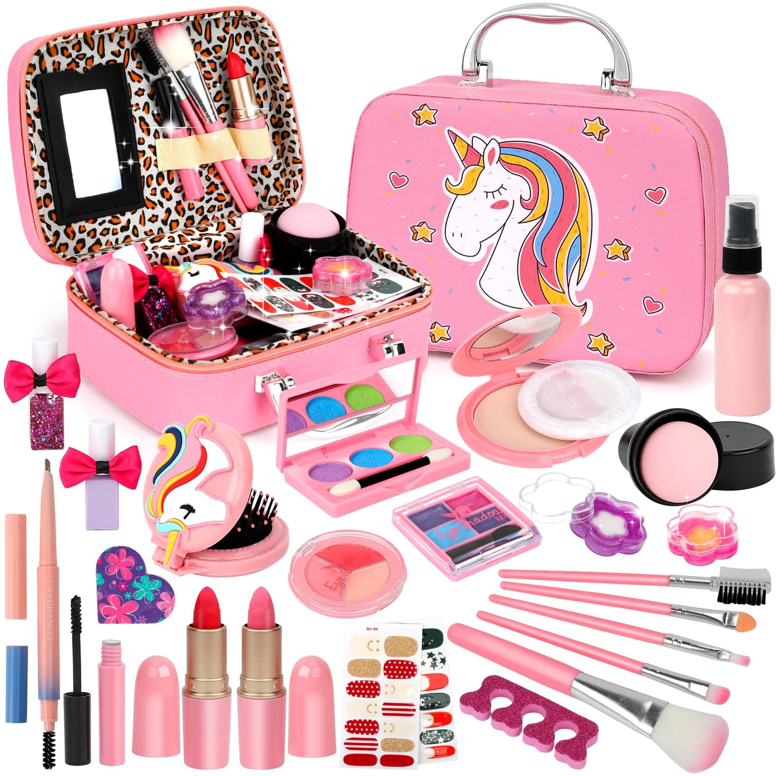 Flybay Kids MakEUp Kit For Girls, Washable MakEUp Set For Girl, Real Play MakEUp Toys, Pretend MakEUp Kit Girls Gift Toys With Cute Cosmetic Case For 5 6 7 8 Years Old Girls.