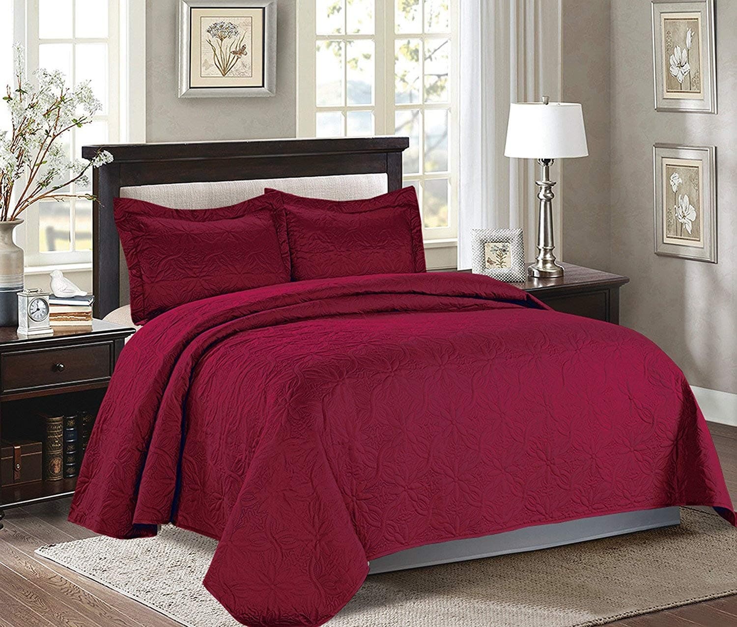 Majiija Oversized 3 Piece Embossed Quilted Bedspread Coverlet Set 106"x118" King, Burgundy