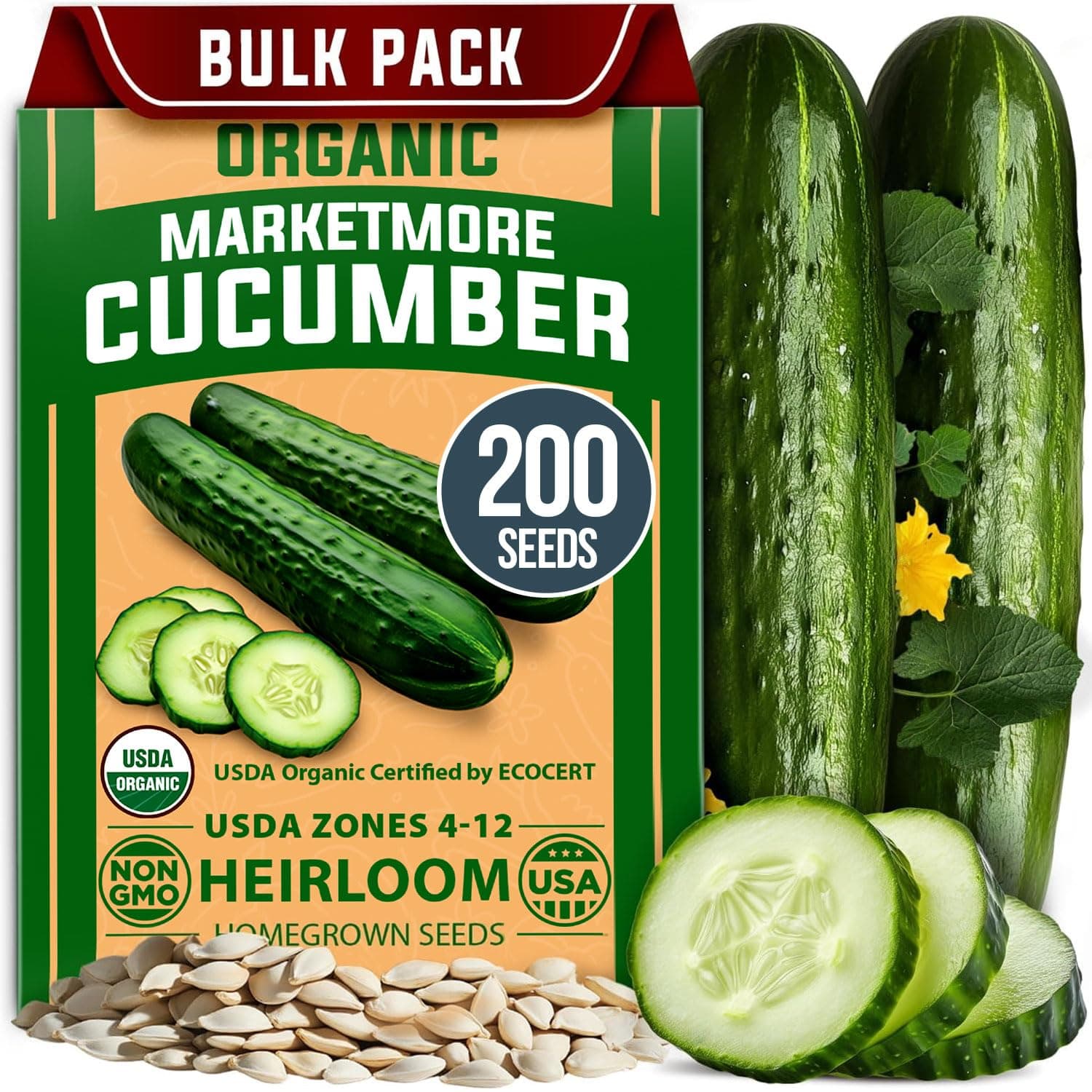 HOME GROWN Organic Marketmore Cucumber Seeds 200+ Heirloom Non-GMO Seeds for Planting, High Germination, Hardy & Vigorous Slicing Cucumber, Trellis & Raised Bed Garden (Cucumis sativus)