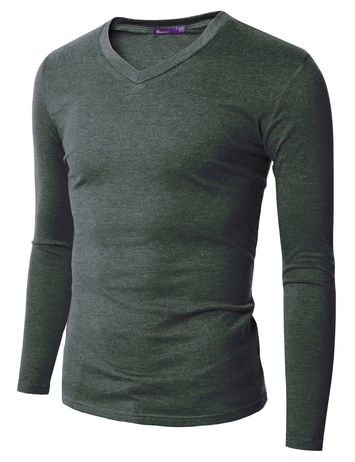Doublju Mens V-Neck T-shirts with Long Sleeve KHAKI (US-S)