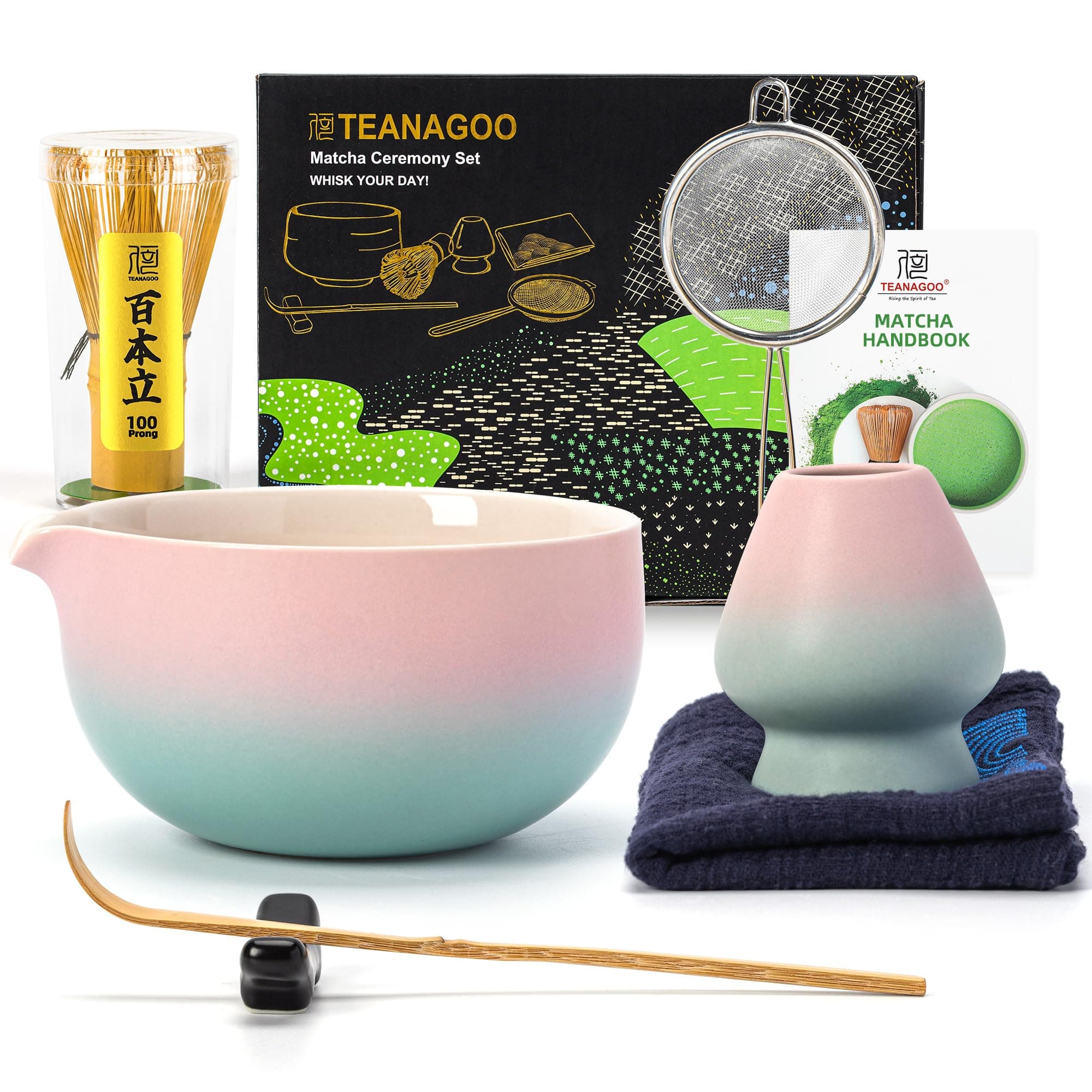 TEANAGOO Tea Set (7 Pieces) Matcha Whisk Set Matcha Bowl with Pouring Spout Bamboo Matcha Whisk (Tea) Scoop (Tea) Matcha Holder Tea Making Kit. N11, Green Gradient Pink