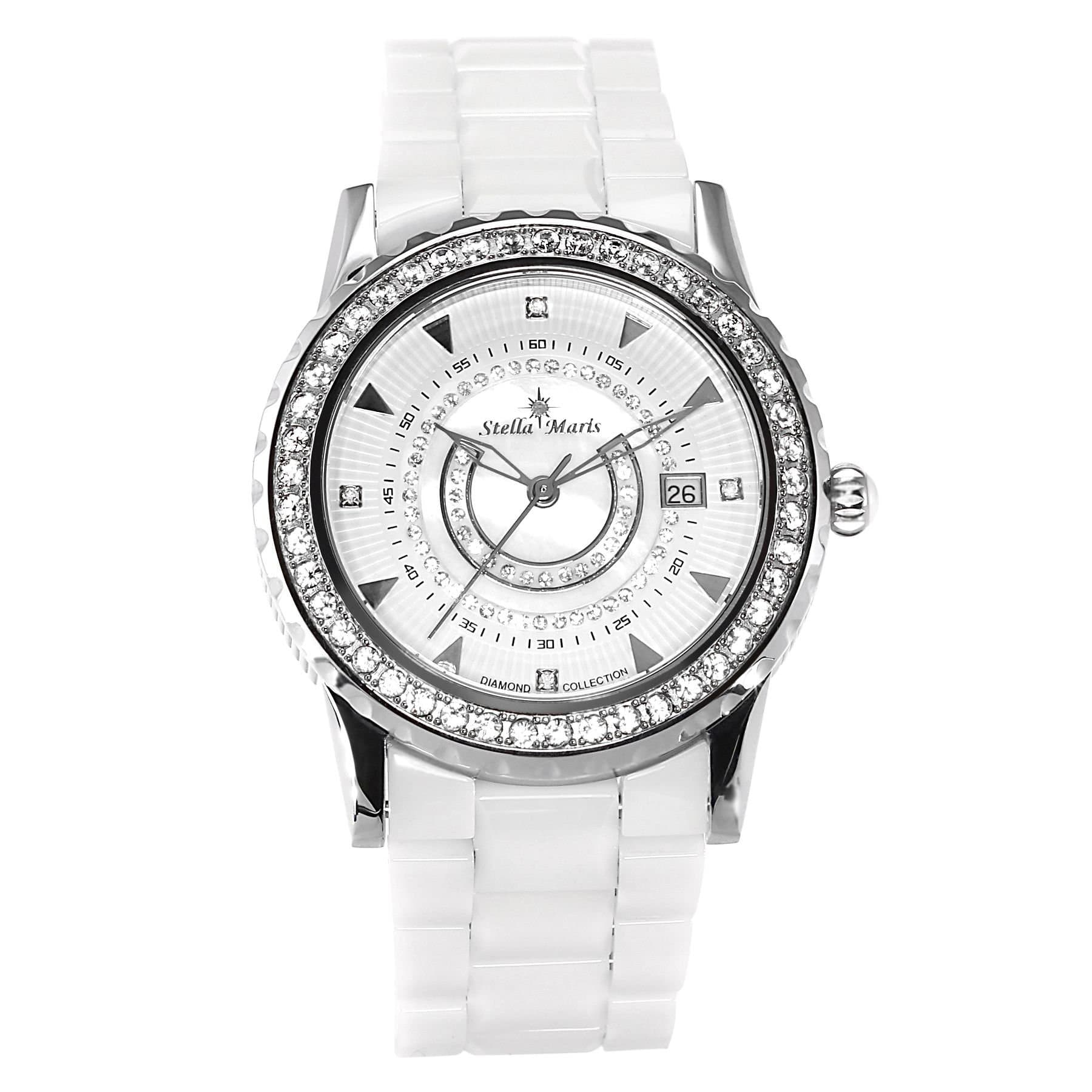 Stella Maris STM15Z1 -Women's Watch - White Watch Dial - Analog Quartz - White Ceramic Bracelet - Diamonds - Swarovski Elements - Stylish - Classy