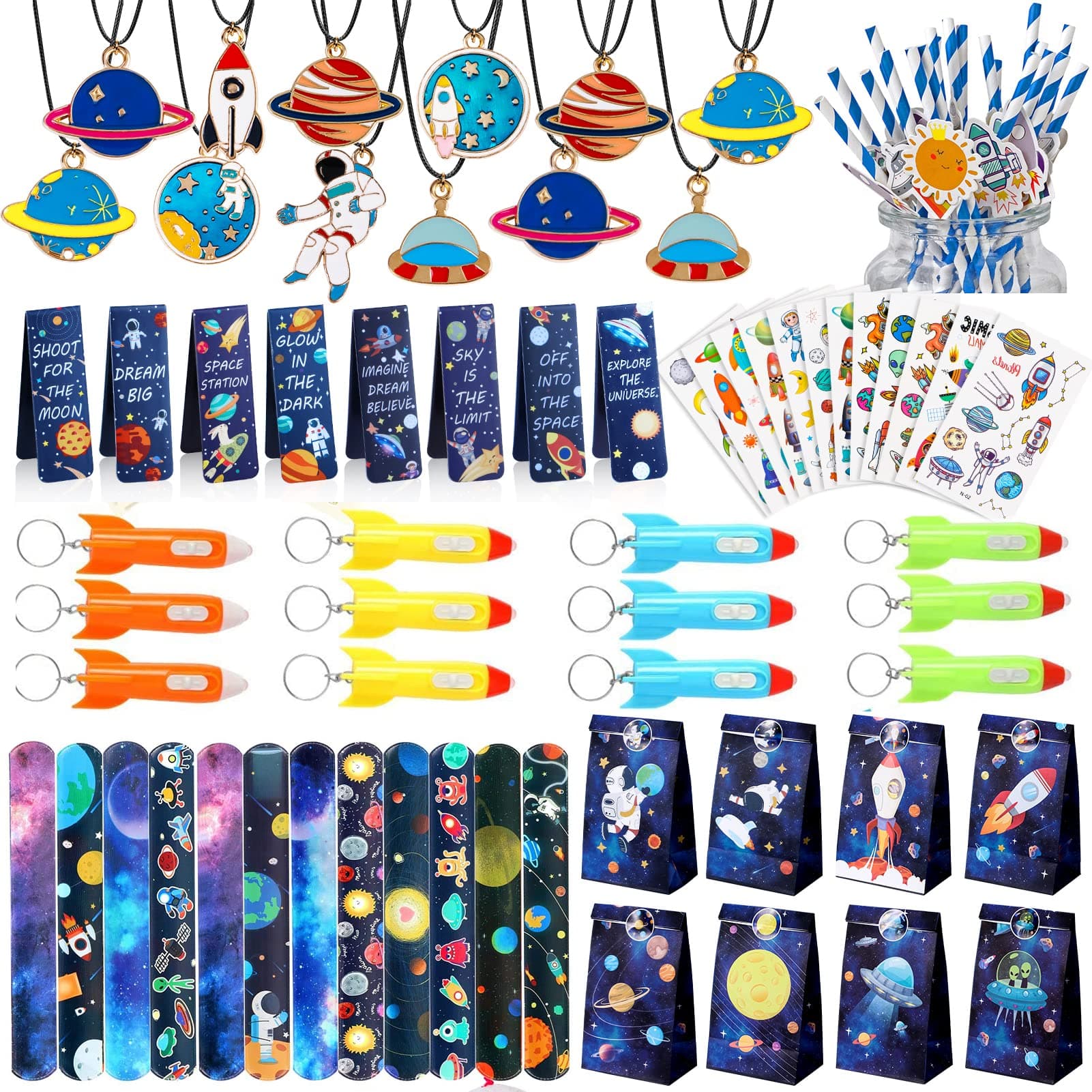 Lorfancy 92 Pcs Outer Space Party Favors Kids Space Toys Boys Girls Slap Bracelets Tattoo Stickers Pendant Space Keychains Gifts Bag Accessories Birthday Party Supplies (A 92 Pcs)