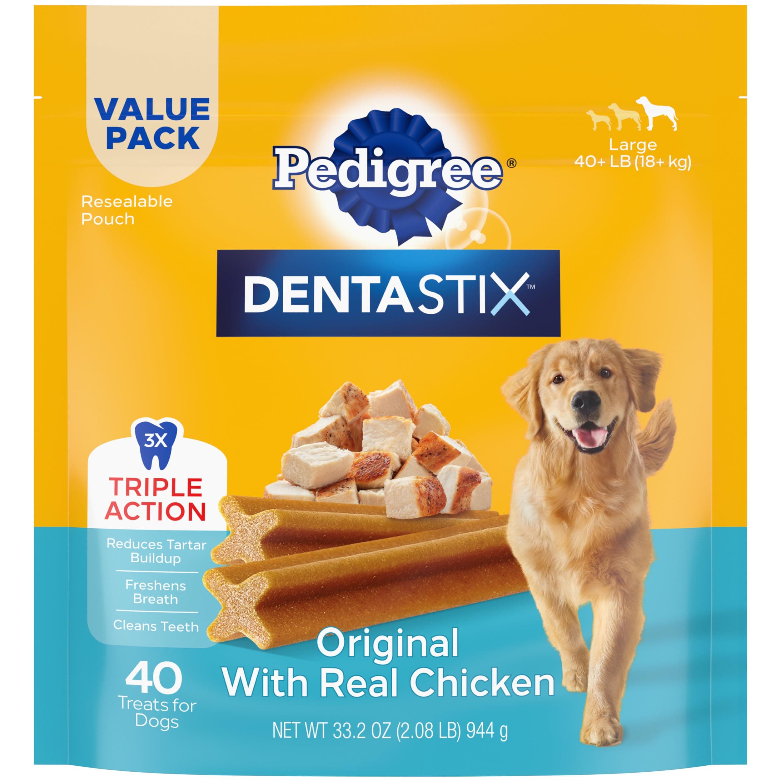Pedigree Dentastix Large Dog Treats, Original Flavor with Real Chicken, 2.08 lb. Bag (40 Treats Total)