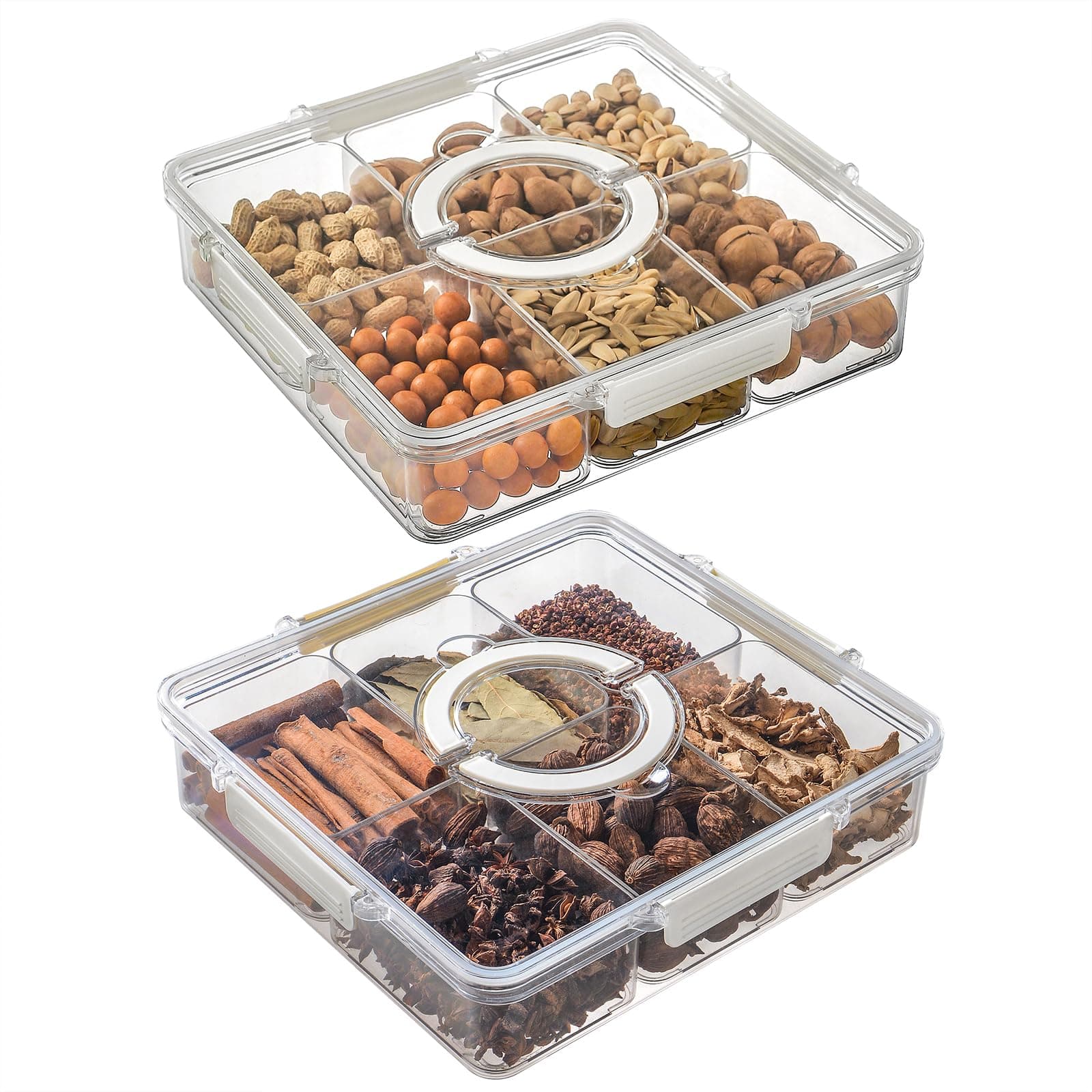 2 Pieces Divided Trays with Lids and Handles, Snack Bowls, Portable Snack Tray Organizer for Candies, Fruits, Nuts and Snacks for Parties, Entertaining Events and Picnics.