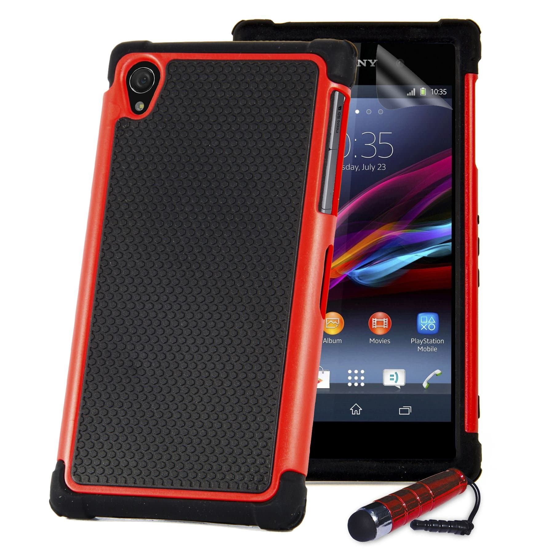 32nd Shock Proof Defender Heavy Duty Tough case Cover for Sony Xperia Z (L36h / L36i / C6603) + Screen Protector, Cleaning Cloth and Touch Stylus - Red