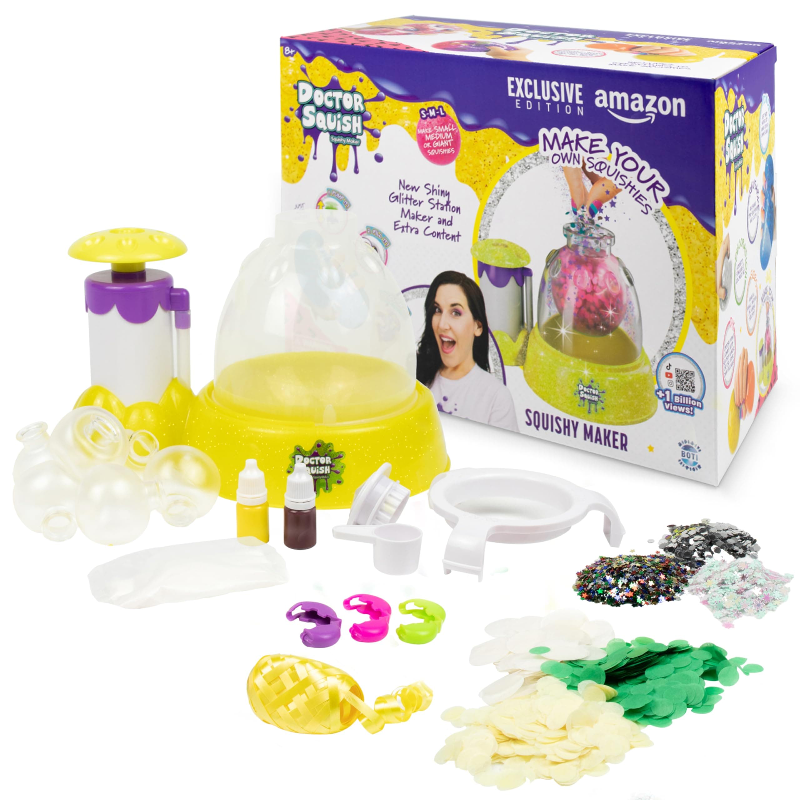Doctor Squish: Squishy Maker, New Shiny Glitter Station Maker, Decorate with Confetti, Sparkles & Colored Ink, Variety of Sizes, Just Add Water to Make Your Own Slime, Amazon Exclusive, For Ages 8+