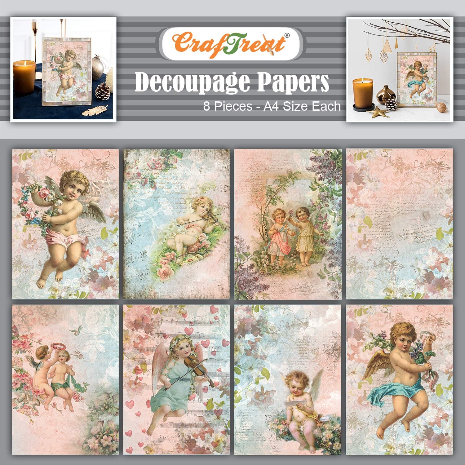 CrafTreat Angel Decoupage Paper for Crafts and Scrapbooking - Angel Set I and II - Size: A4 (8.3 x 11.7 inch) 8 Pcs - Decoupage Paper Angels - Decoupage Paper for Furniture