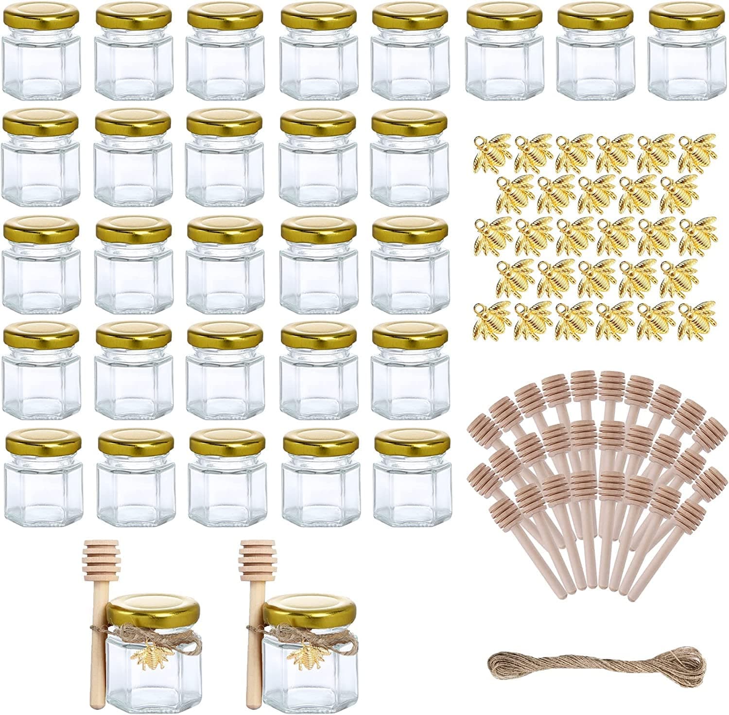 Mini Glass Honey jars-1.5 oz, 30 pcs Hexagon Honey Jars with Wooden Dipper, Gold Lid, Bee Pendant, Rope-20m Mini Honey Jars, Perfect for Wedding, Party Favors, Shower Favors, Canning