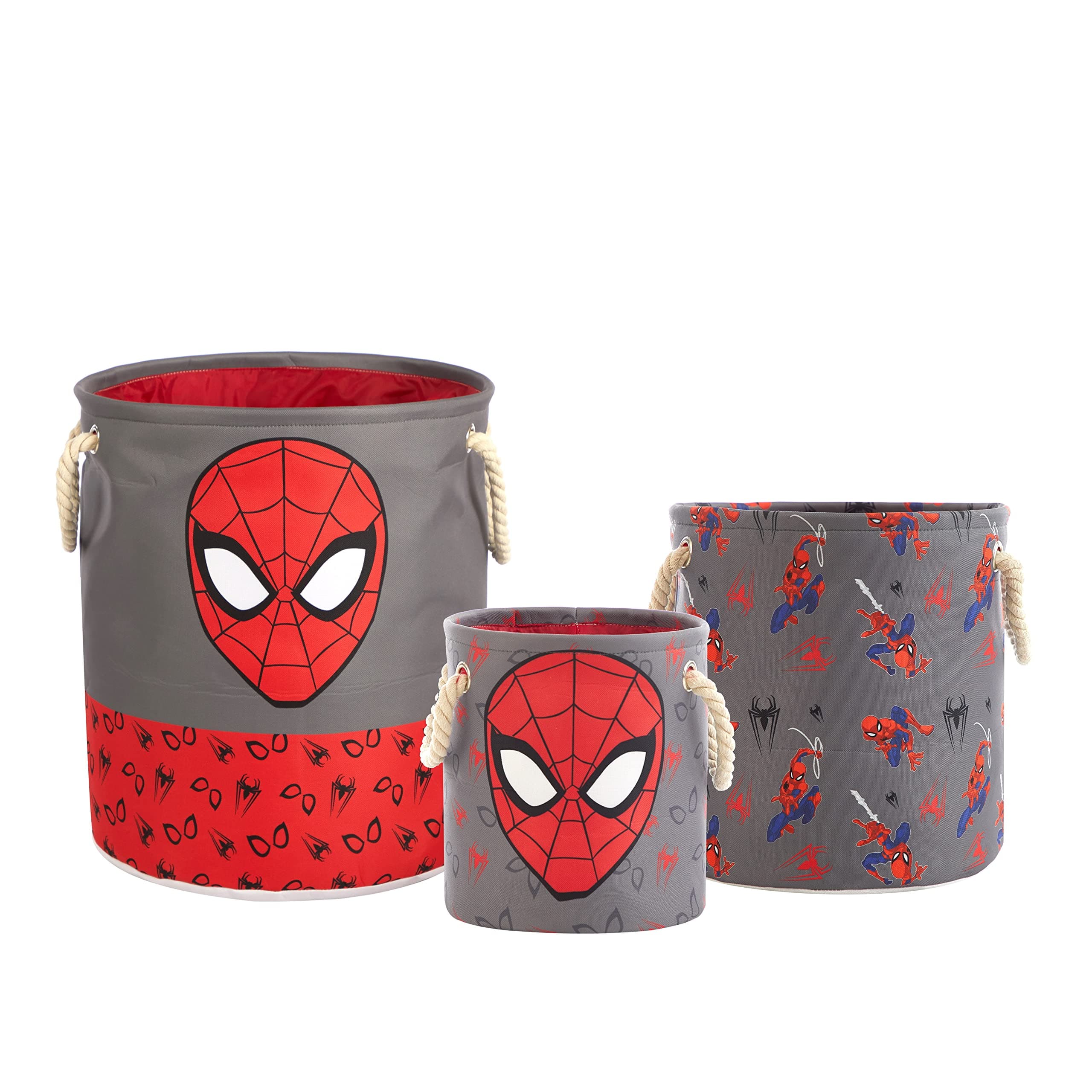 Marvel Spiderman 3-Piece Toy Storage Basket Set – Nesting Fabric Bins with Rope Handles, Multi-Size Organizer for Kids' Toys, Clothes & Accessories, Bedroom or Playroom Decor
