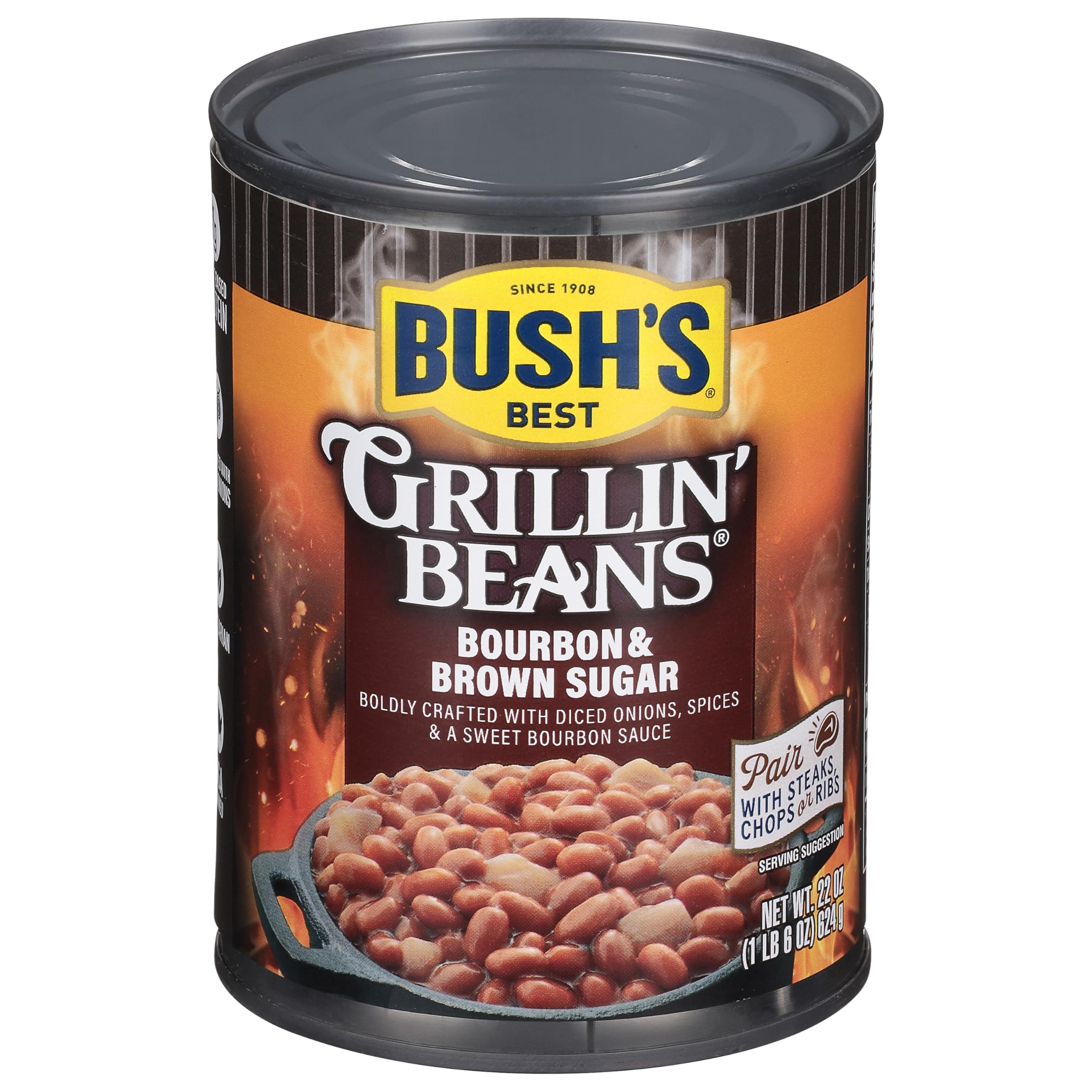 BUSH'S BEST 22 oz Canned Bourbon & Brown Sugar Grillin' Beans, Plant-Based Protein, Good Source of Fiber, Low Fat, Gluten Free, Low Sodium, (Pack of 4)