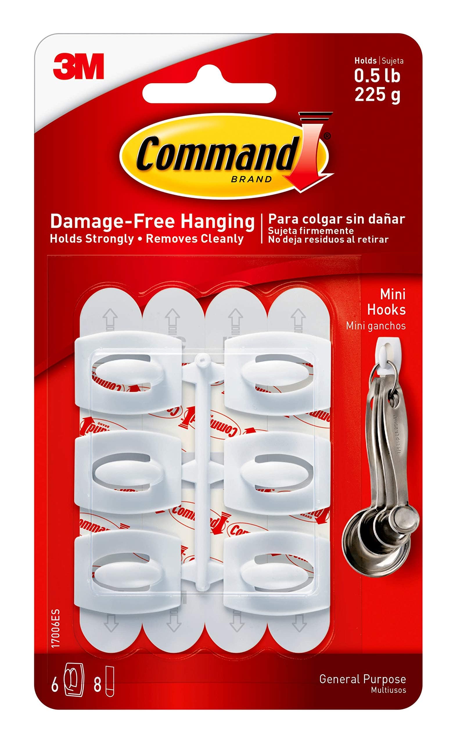Command Small Hooks White color, 6 hooks + 8 strips/pack | Holds 225 gr. each hook | Organize | Decoration | No Tools | Holds Strongly | Damage-Free Hanging
