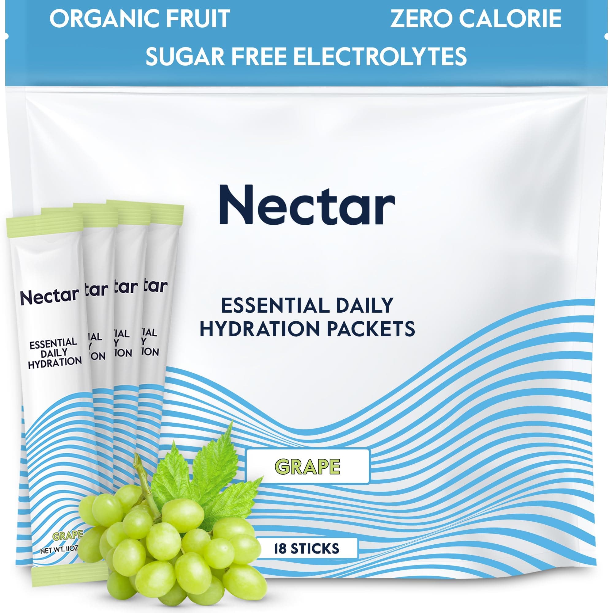 Nectar Hydration Packets - Electrolytes Powder Packets - Sugar Free & 0 Calorie - Organic Fruit Liquid Daily IV Hydrate Sticks for Dehydration Relief & Rapid Rehydration (Grape 18 Pack)