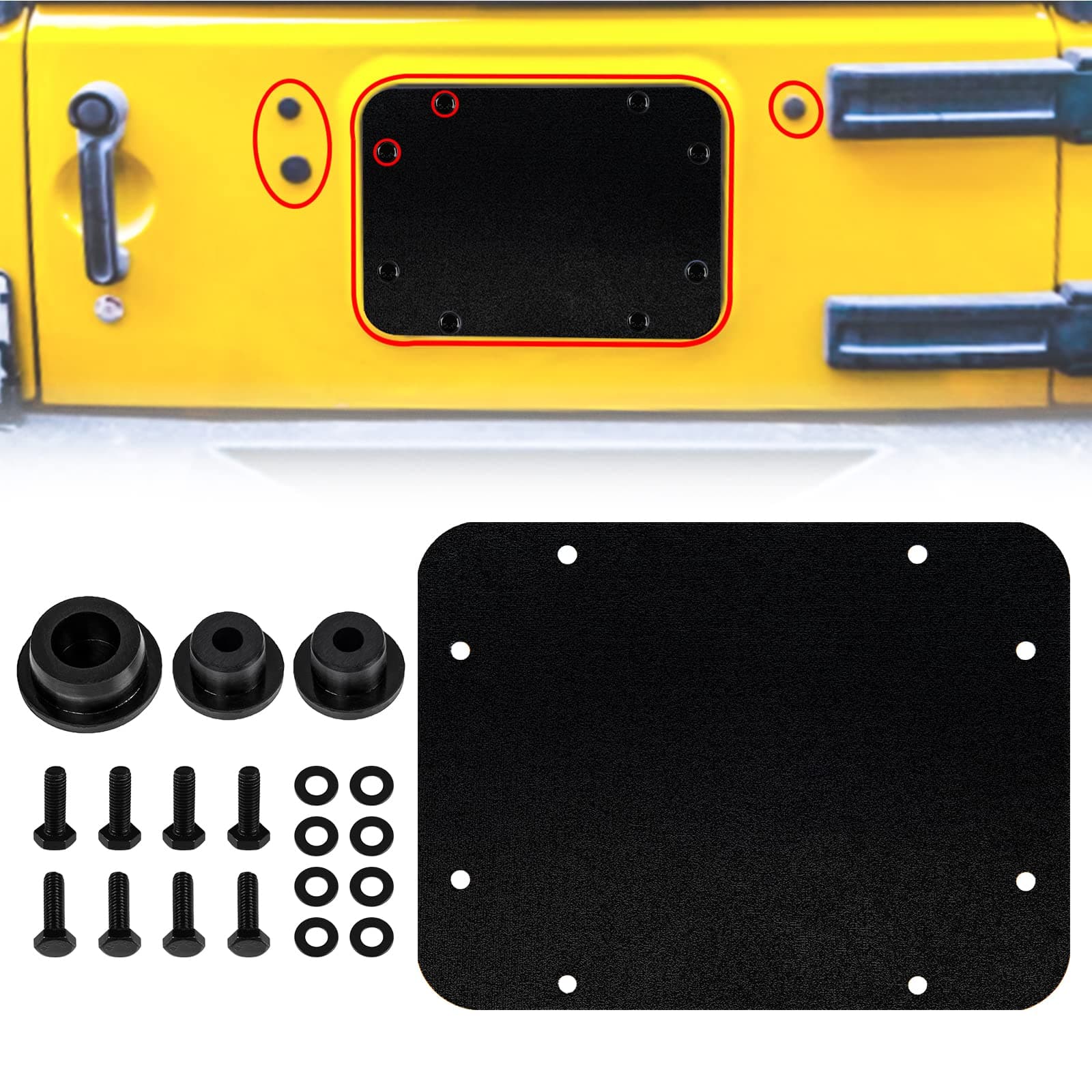 Buling Aluminum Wrangler Spare Tire Carrier Filler Plate Tailgate Plug Vent Plate Cover with Tailgate Durable Rubber Plugs Set and Factory Bolts Compatible with 2007-2018 Jeep Wrangler JK & JKU
