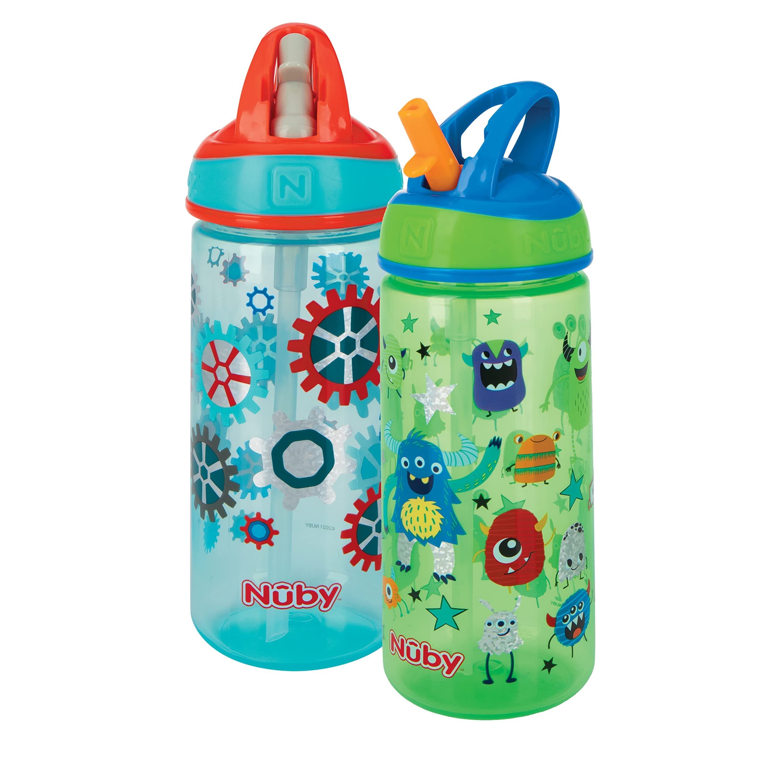 Nuby 2 Pack Iridescent PP Flip-it Kids On-The-Go Printed Water Bottle with Bite Proof Hard Straw - 18oz / 540 ml, 18+ Months, 2 pk, Robot & Friendly Monster Print