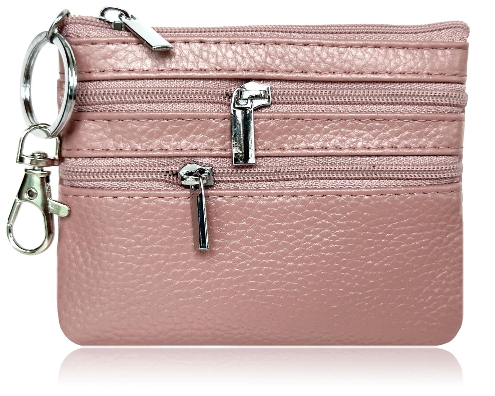 Genuine Leather Small Coin Purse Pouch Mini Wallet with Zipper Keychain for Women(3.54 x 4.33 inch, Bean Pink)