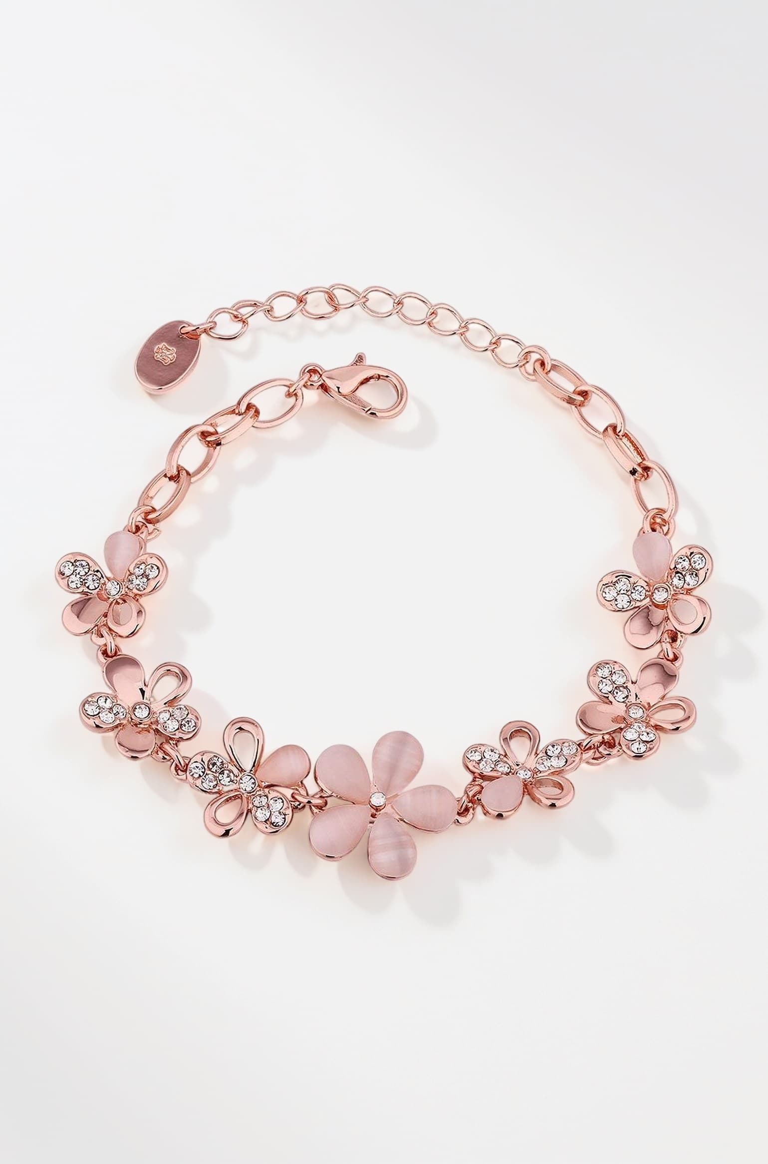 Rose Gold Plated Pink Flowers Link Chain Adjustable Size Charm Alloy Bracelet Decorated With Crystals for Girls & Women BROK1000009