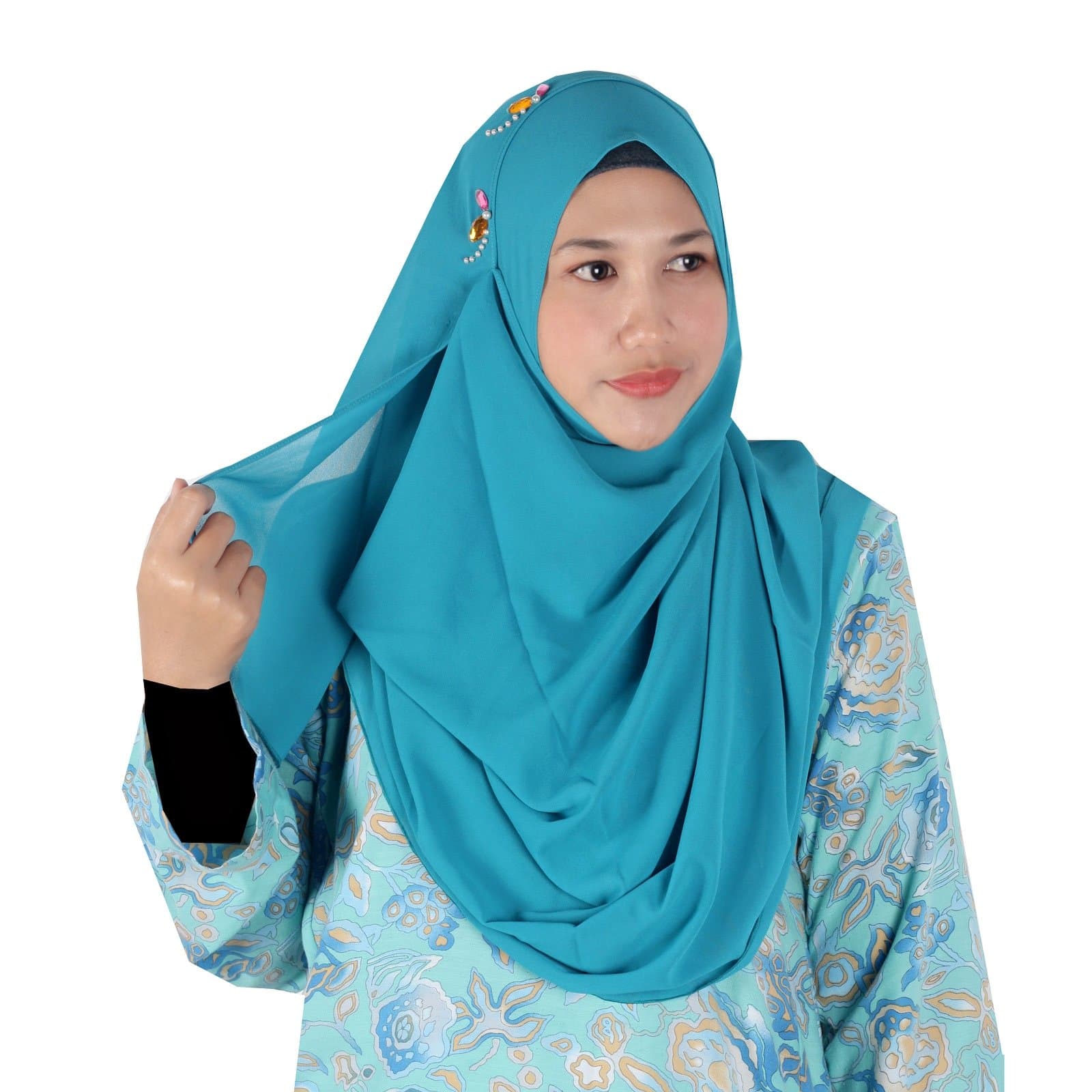 Womens Turquoise Teal Plain Double Loop Instant Chiffon Hijab Scarf Ready Wear