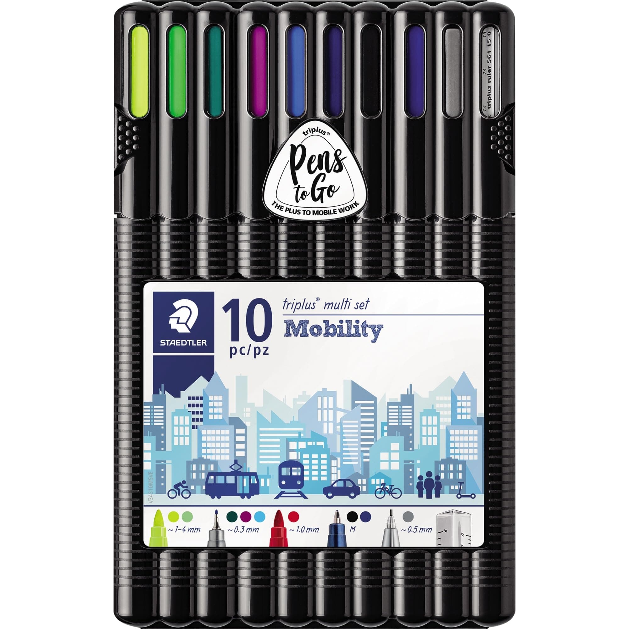 STAEDTLER 34 SB10MS triplus mobility set, desktop box of 10 pieces for on-the-go working, Yellow,Blue,Green,Violet,Red,Black