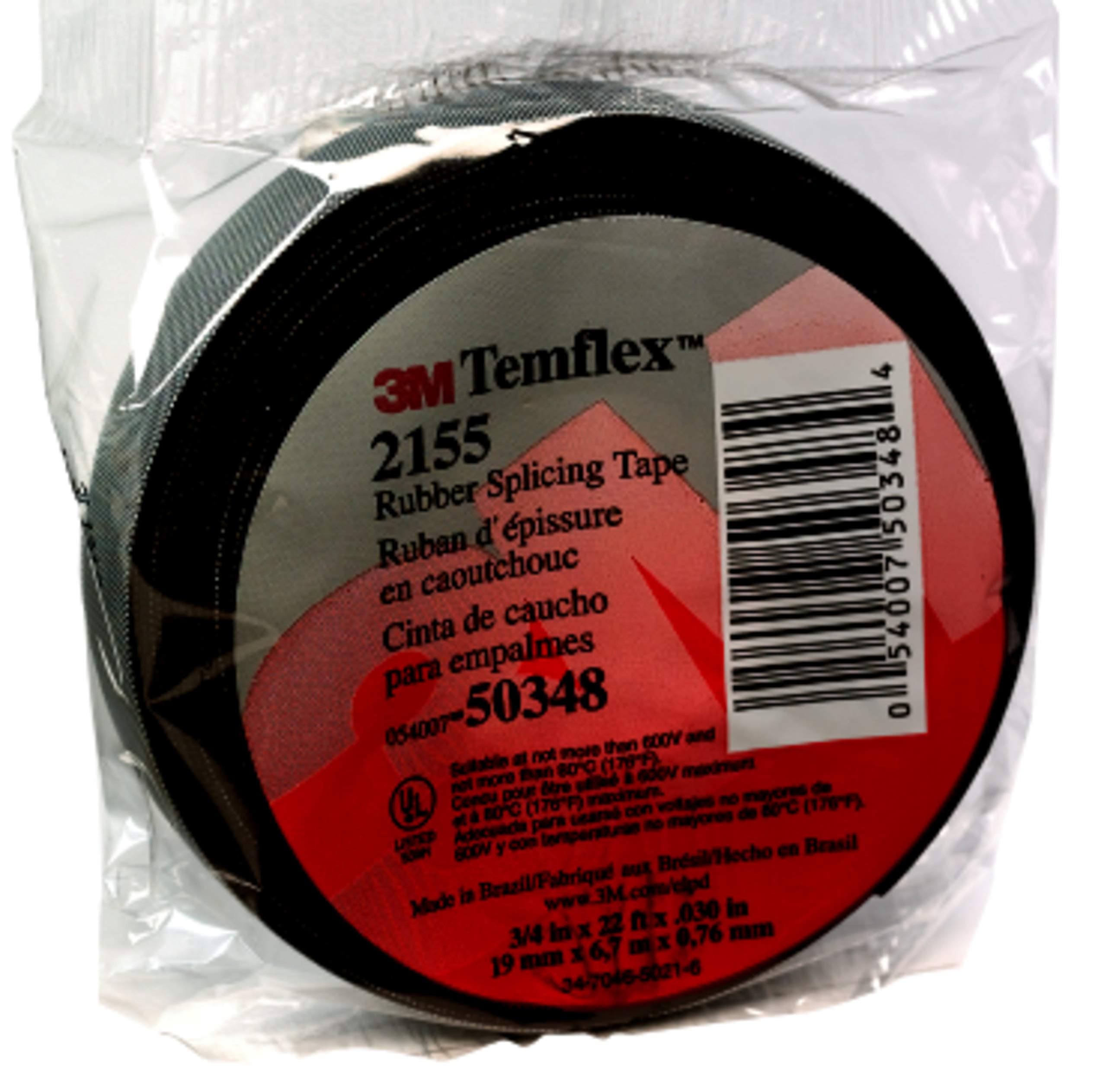 3M Temflex Rubber Splicing Tape 2155, 3/4 in x 22 ft, Black, General Purpose Self-Fusing Electrical Insulating Tape, 1 Roll