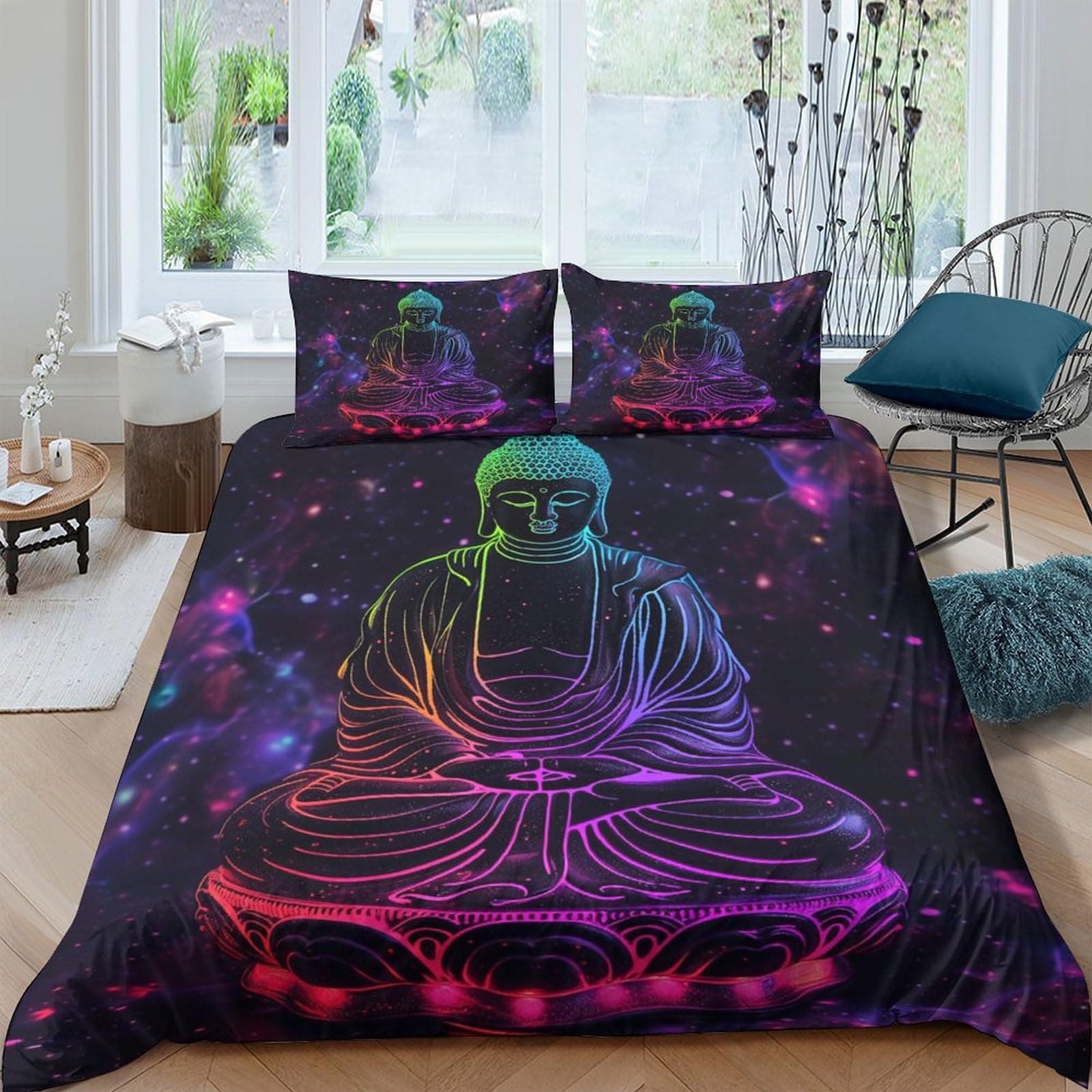 Buddha Bedding Set 3D PrintedHoly Faith Quilt Cover Comforter Covers Duvet Cover for Childrens and Adults 3 Pieces with Pillowcases Microfiber with Zipper Closure Full（203x228cm）