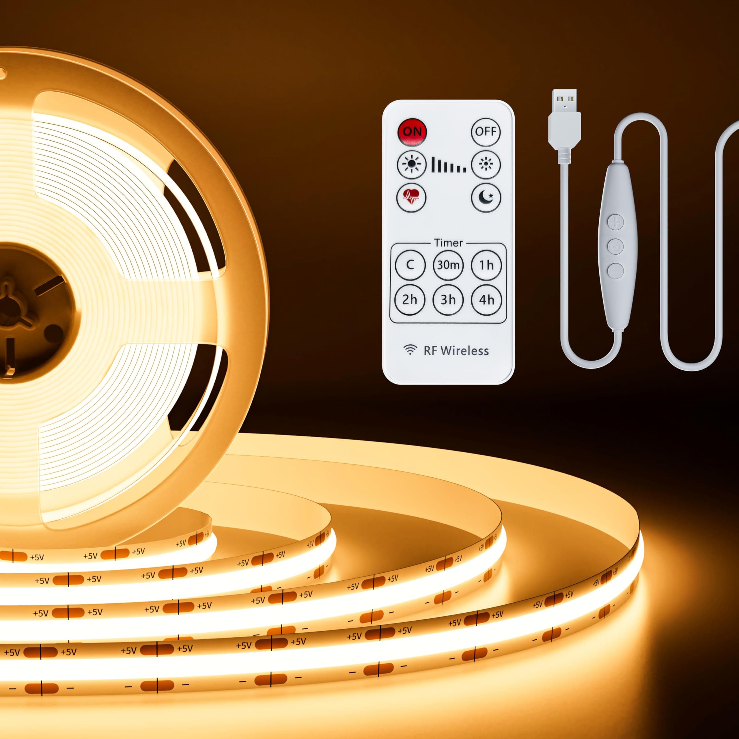 PAUTIX 5V USB COB LED Strip Light 6.56ft/2m 1200lm, Dimmable 640LEDs 2700K Warm White CRI90+ with RF Remote TV Backlight,Flexible Under Cabinet Tape Light for Bedroom,Kitchen,Home DIY Lighting