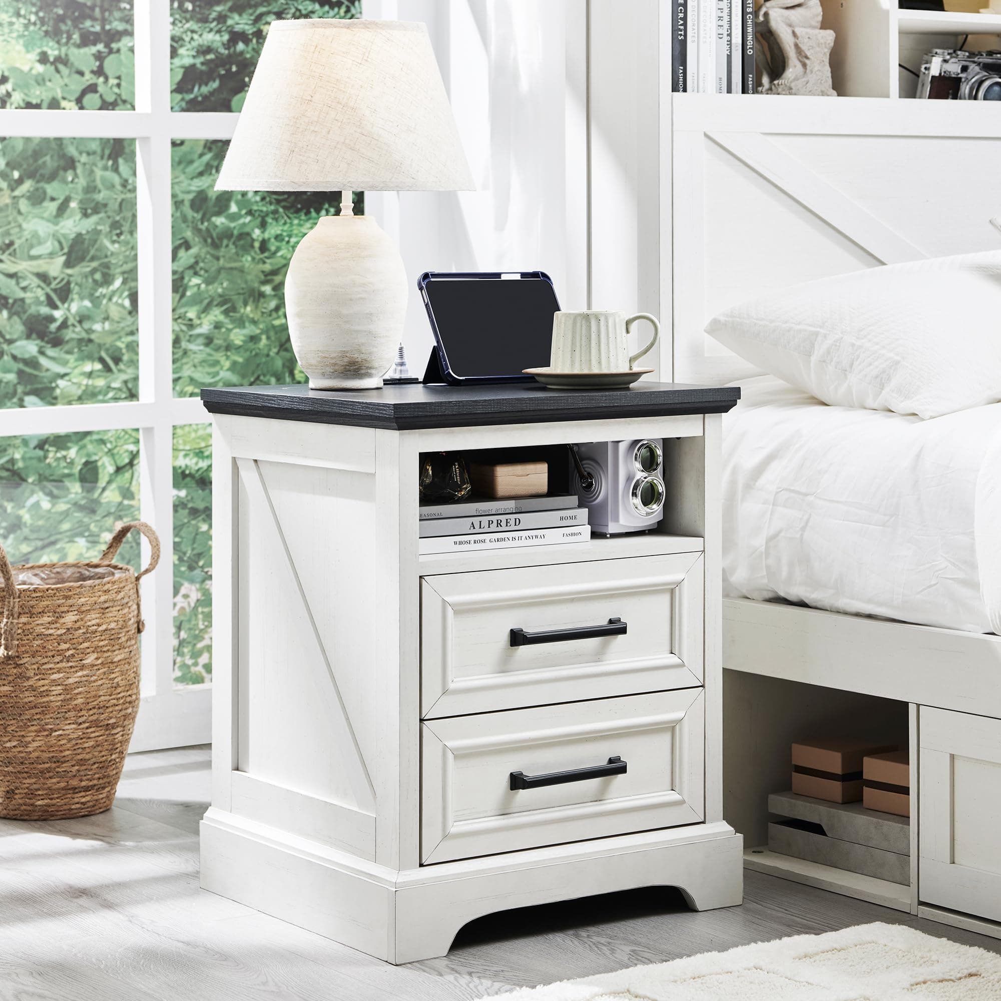 ACCOHOHO 18" Farmhouse Nightstand with Charging Station,End Table with 2 Drawers Storage,Side Table,Bedside Cabinet for Bedroom,Living Room,White | for Bedroom, Living Room