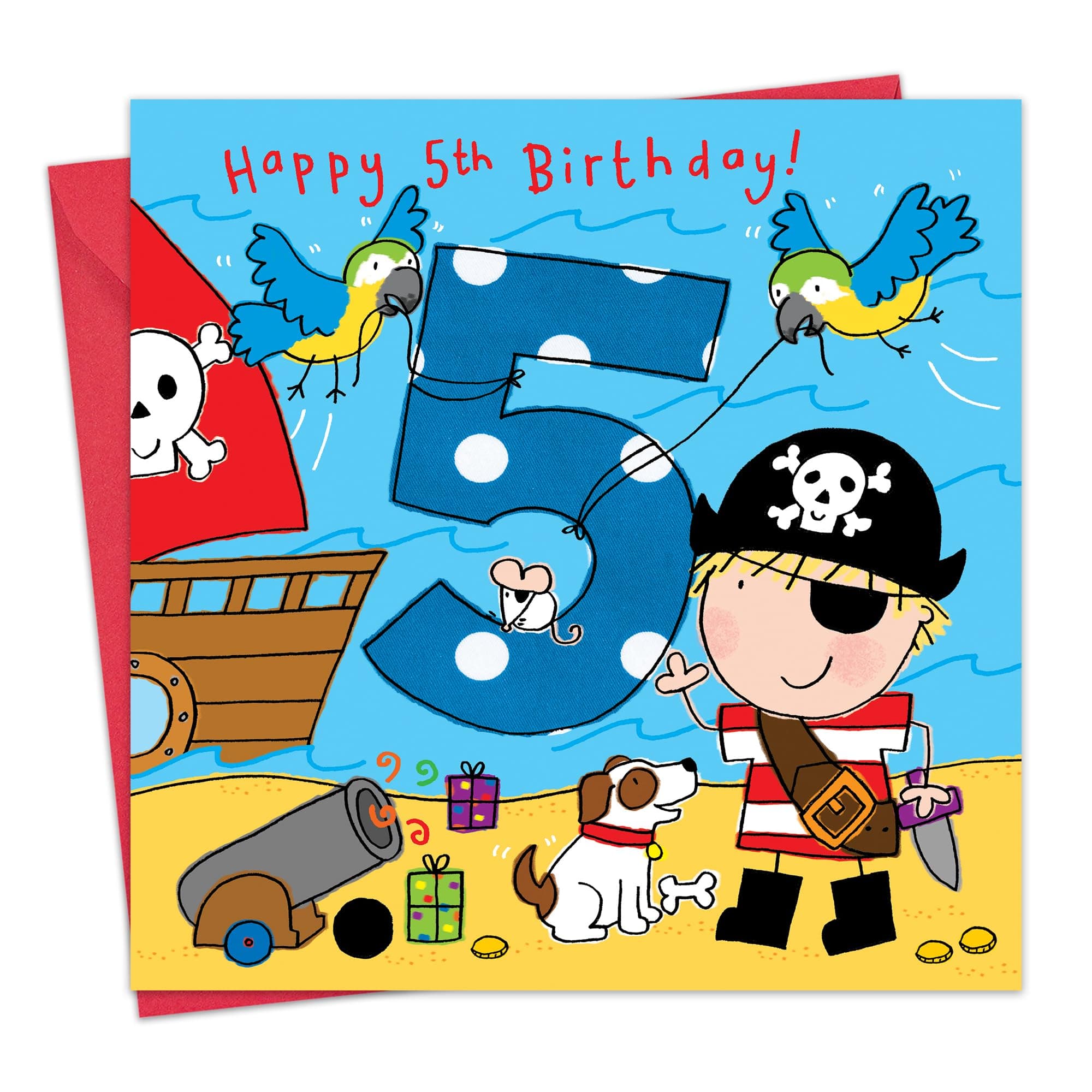 Twizler 5th Birthday Card for Boy with Pirate, Dog and Glitter - Five Year Old - Age 5 - Childrens Birthday Card - Boys Birthday Card - Happy Birthday Card