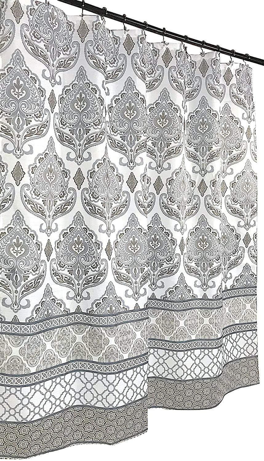 Grey Taupe White Fabric Shower Curtain: Floral Damask with Geometric Border Design (Darian)