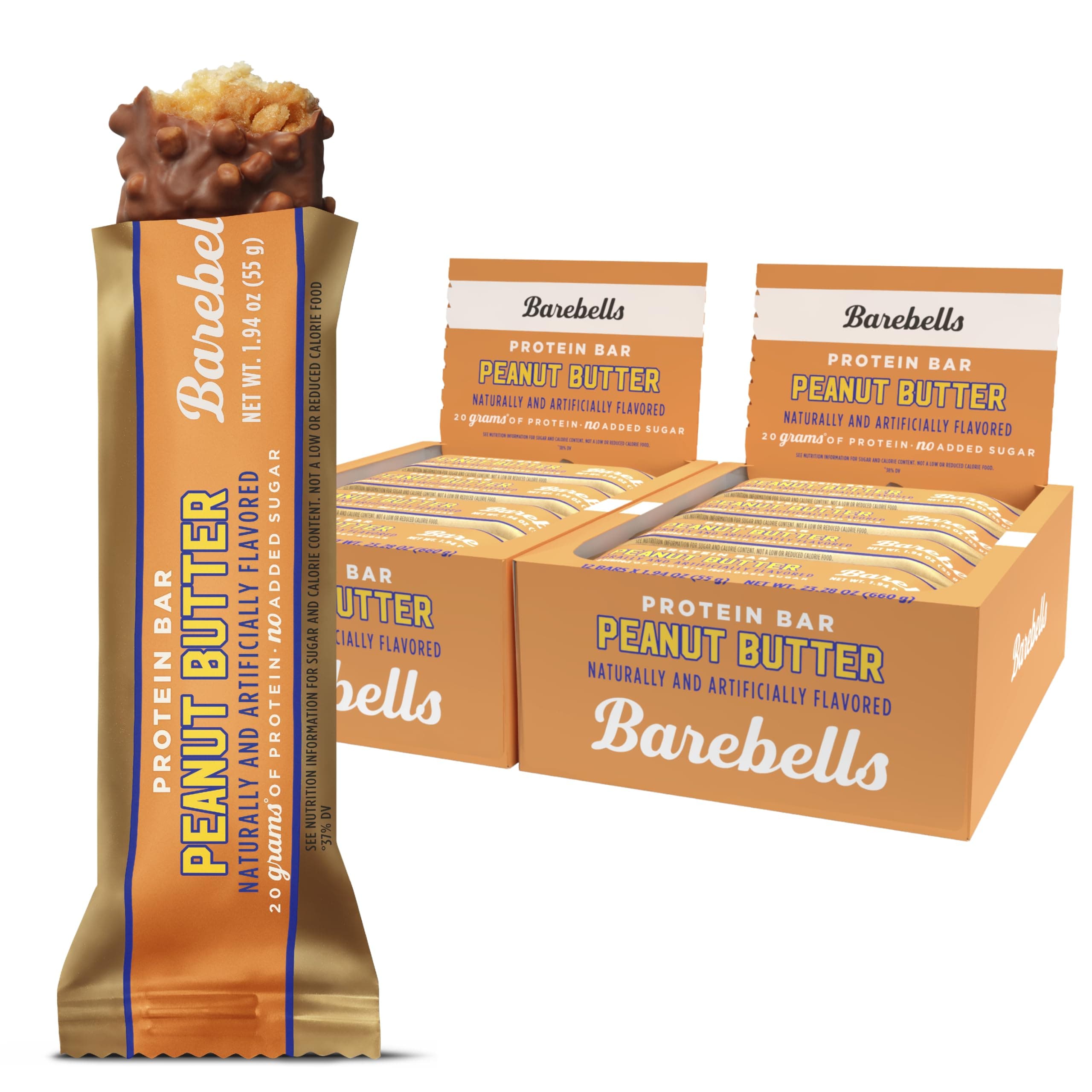 Barebells Protein Bars Peanut Butter - 24 Bars (2 Packs of 12), 20g High Protein Treats - Chocolate Peanut Butter Nutrition Bar with 1g Total Sugars - On-The-Go Breakfast or Post-Workout Snack