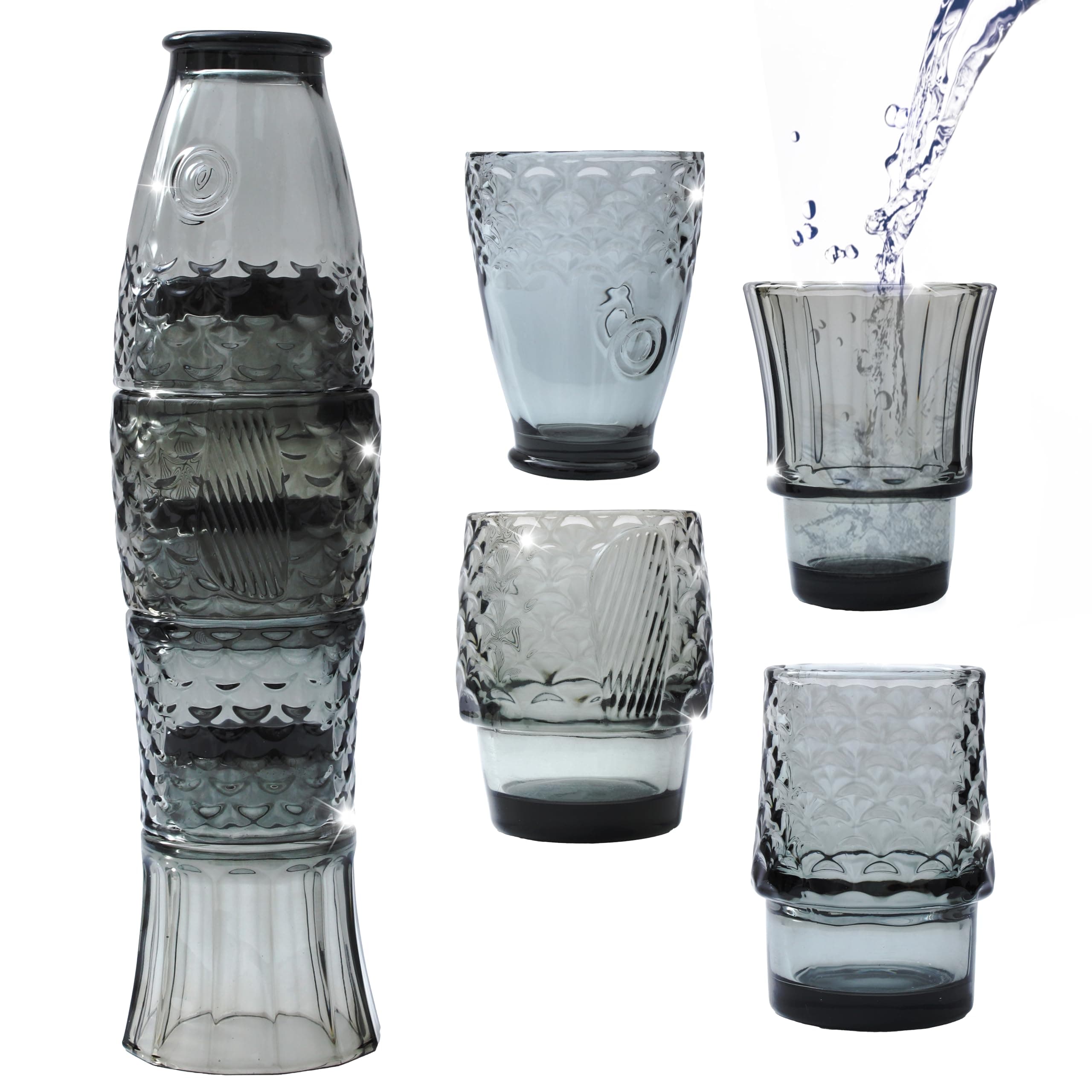 GökottaSet of 4 | Handmade Stacking Koi Carp Fish Cocktail Glasses | Drinking Tumblers | Retro Fun Quirky Gift Present | Dinner Party Water Juice Coffee Mugs Cups | 4PCS 250ml (Smoke Grey)