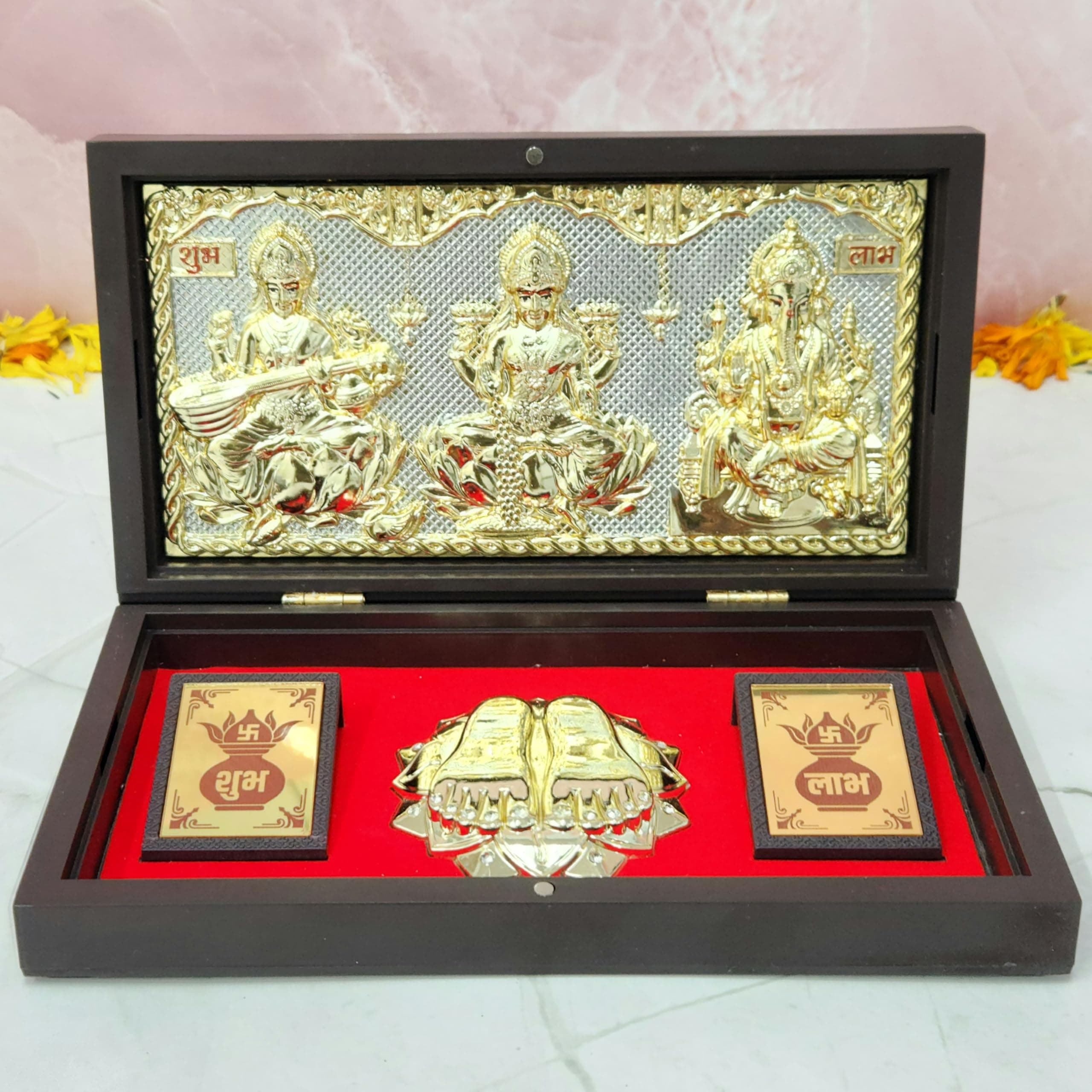Gold Plated Lakshmi Saraswati Ganpati Photo Frame with Charan Paduka Pocket Temple for Diwali Gift,House Warming Gifts Return Gift Puja Box (Laxmi Saraswati Ganpati)
