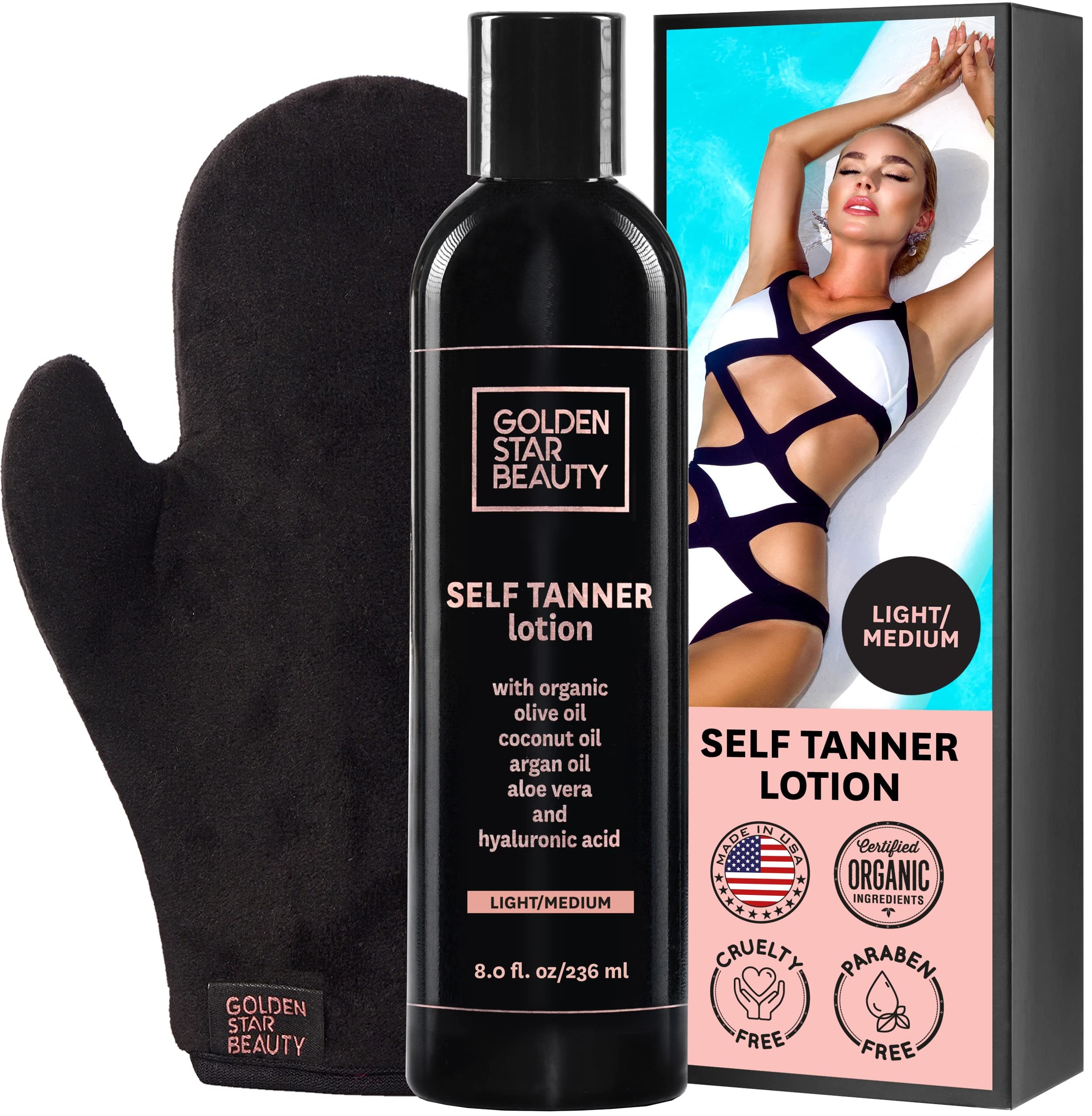 Self Tanner with Tanning Mitt - Sunless Tanning Lotion w/Hyaluronic Acid & Organic Oils Gradual Body Bronzer for Light or Medium Tan 8.0 fl.oz …