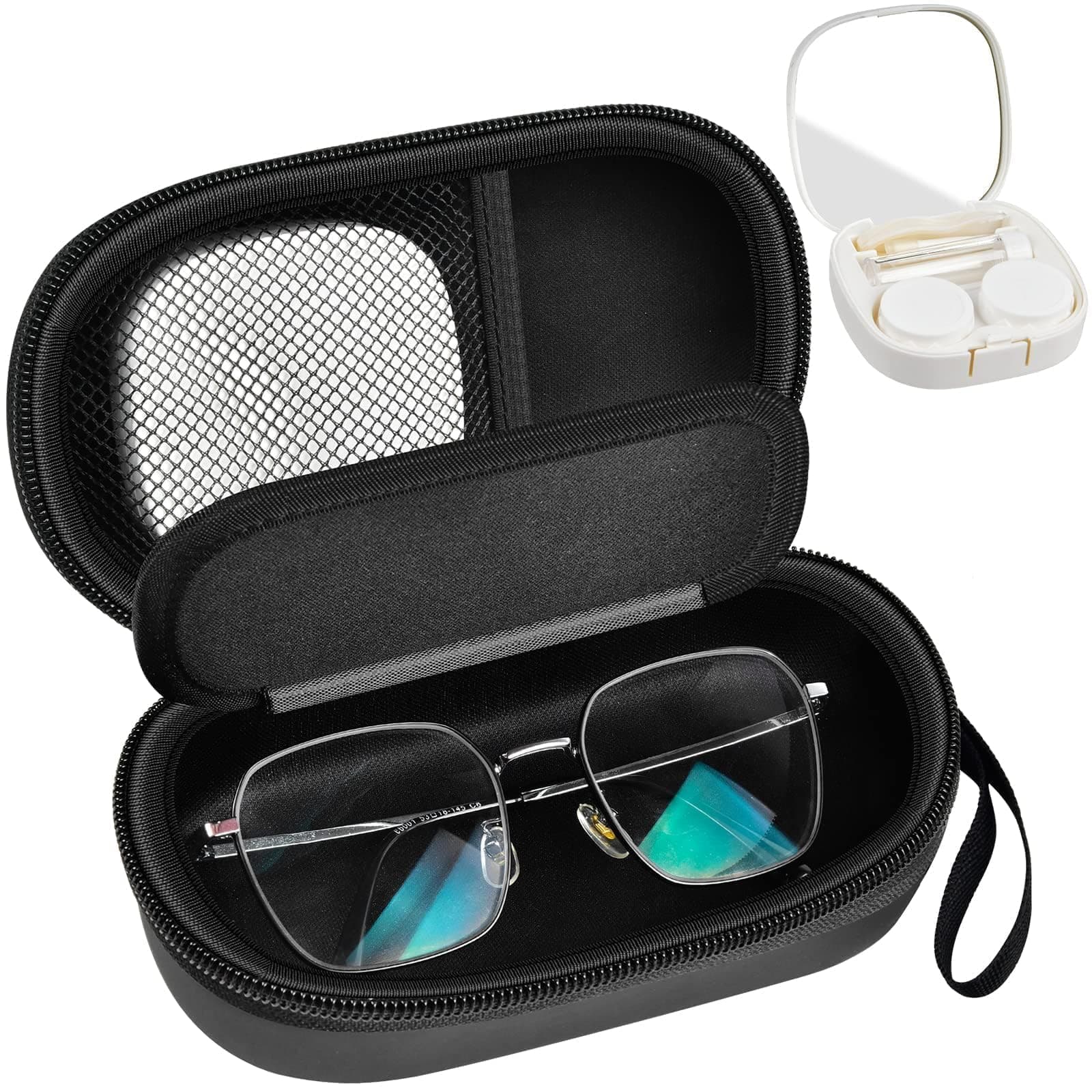 GWCASE Portable 2 in 1 Contact Lens Case and Glasses Case, Traveling Contact Cases Bag Box Holder with Soak Storage Kit Included Built-in Mirror, Tweezer, Lens Solution Bottle and Hand Strap-Black
