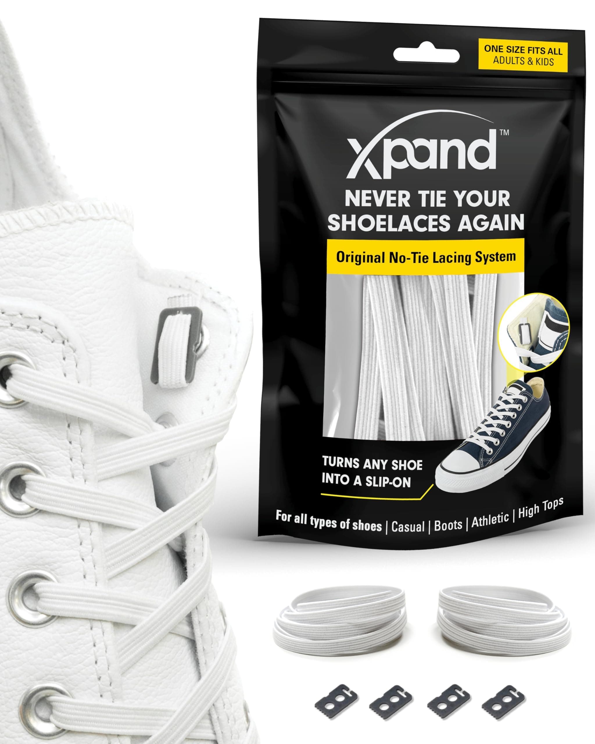Xpand No Tie Shoelaces System with Elastic Laces - White - One Size Fits All Adult and Kids Shoes