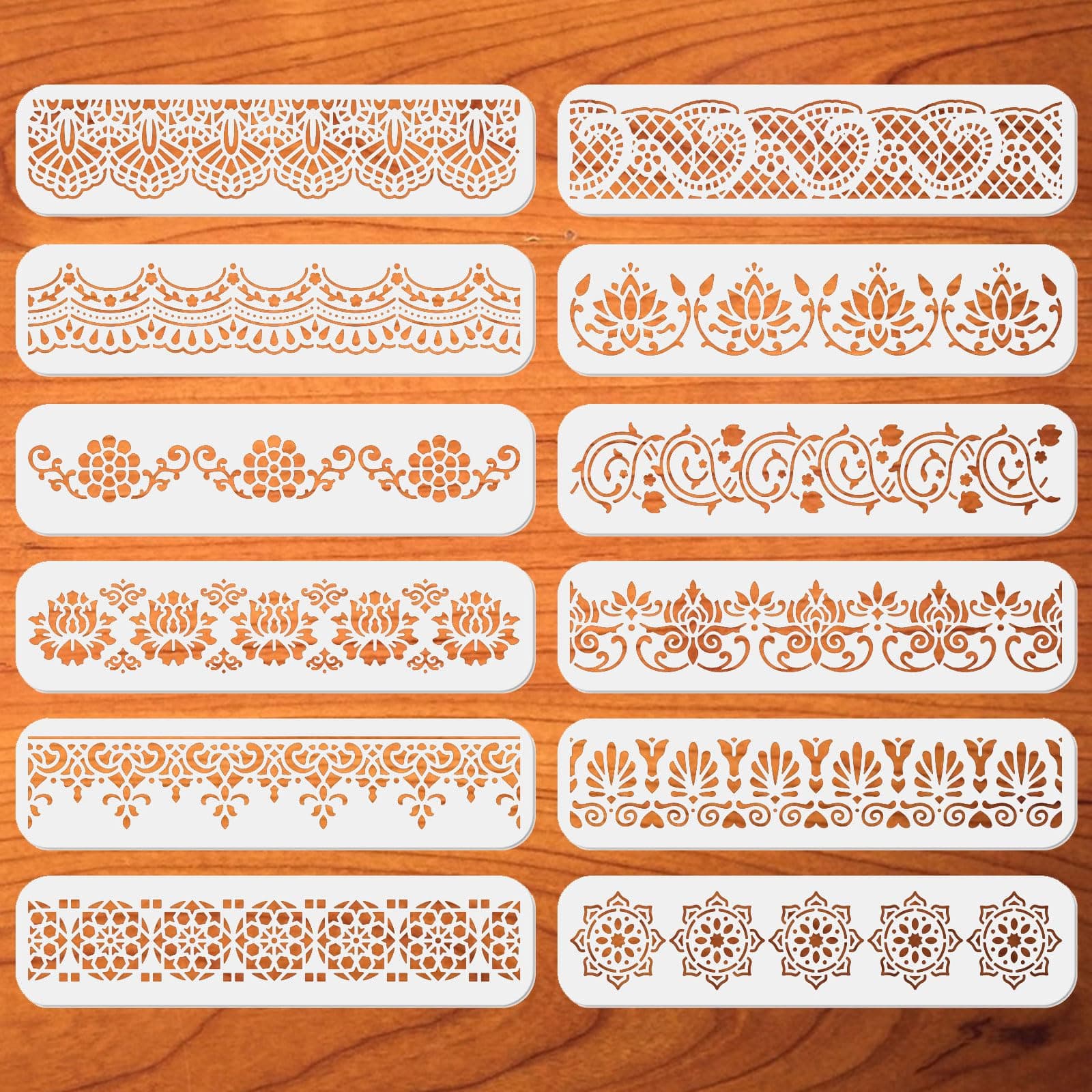 ORIGACH 12PCS Ornate Border Stencil, Flower Border PET Stencil Template for Wall Painting, Hollowed Out Floral Edge Painting Stencils for DIY Wall Wood Canvas Drawing, 11.8x3 inch