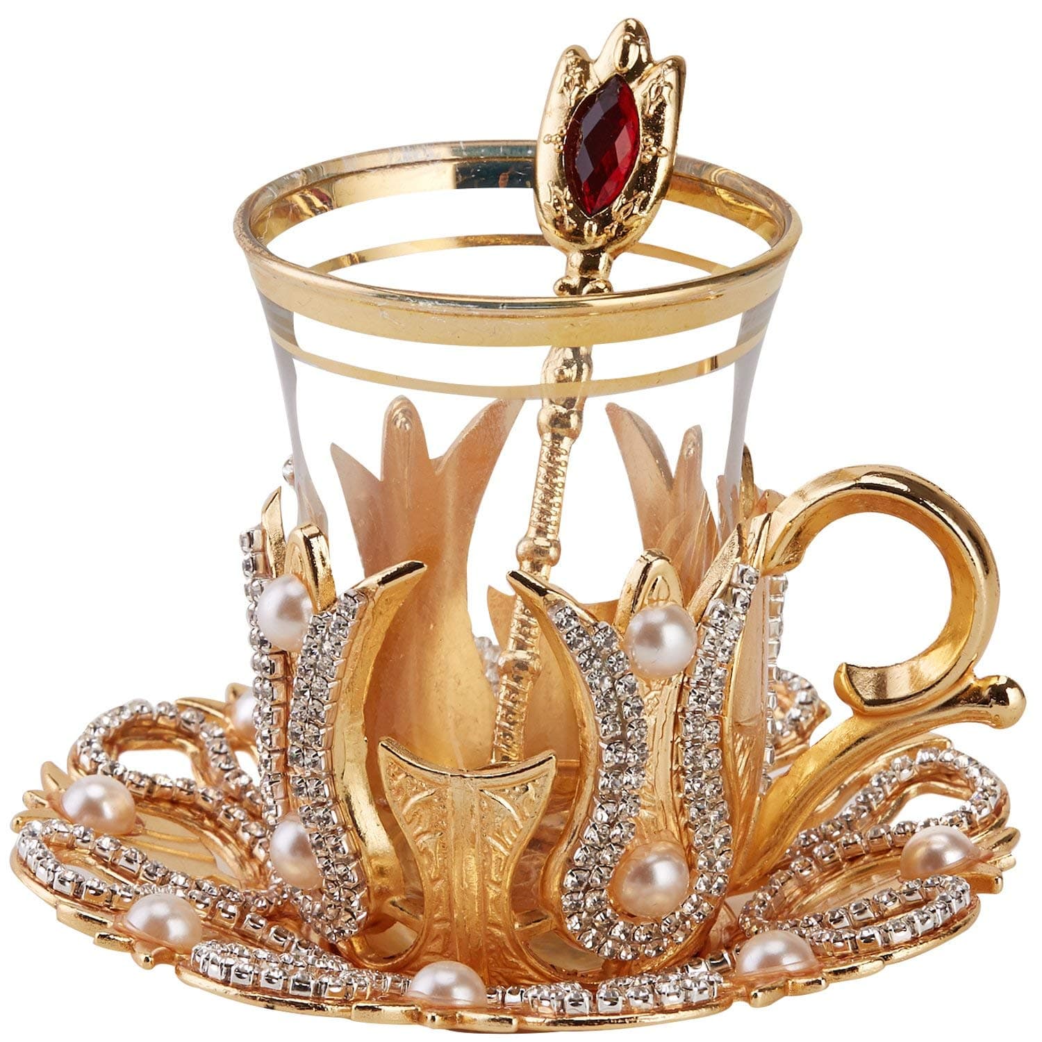 DEMMEX (Set of 6) Turkish Tea Glasses Set with Saucers Holders Spoons, Decorated with Crystals and Pearl,24 Pcs (Gold), 3.3 Ounces