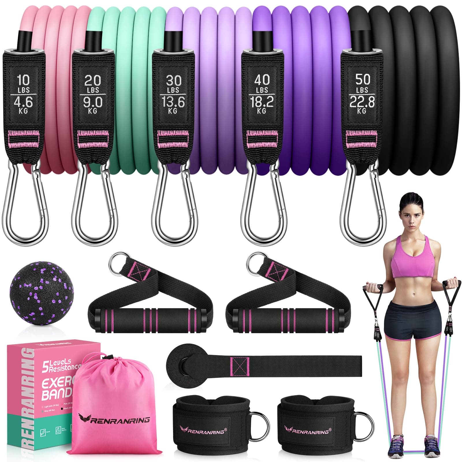 RENRANRING Resistance Bands for Working Out, 150LBS Exercise Bands, Workout Bands, Resistance Bands Set with Handles for Men Women, Legs Ankle Straps for Muscle Training
