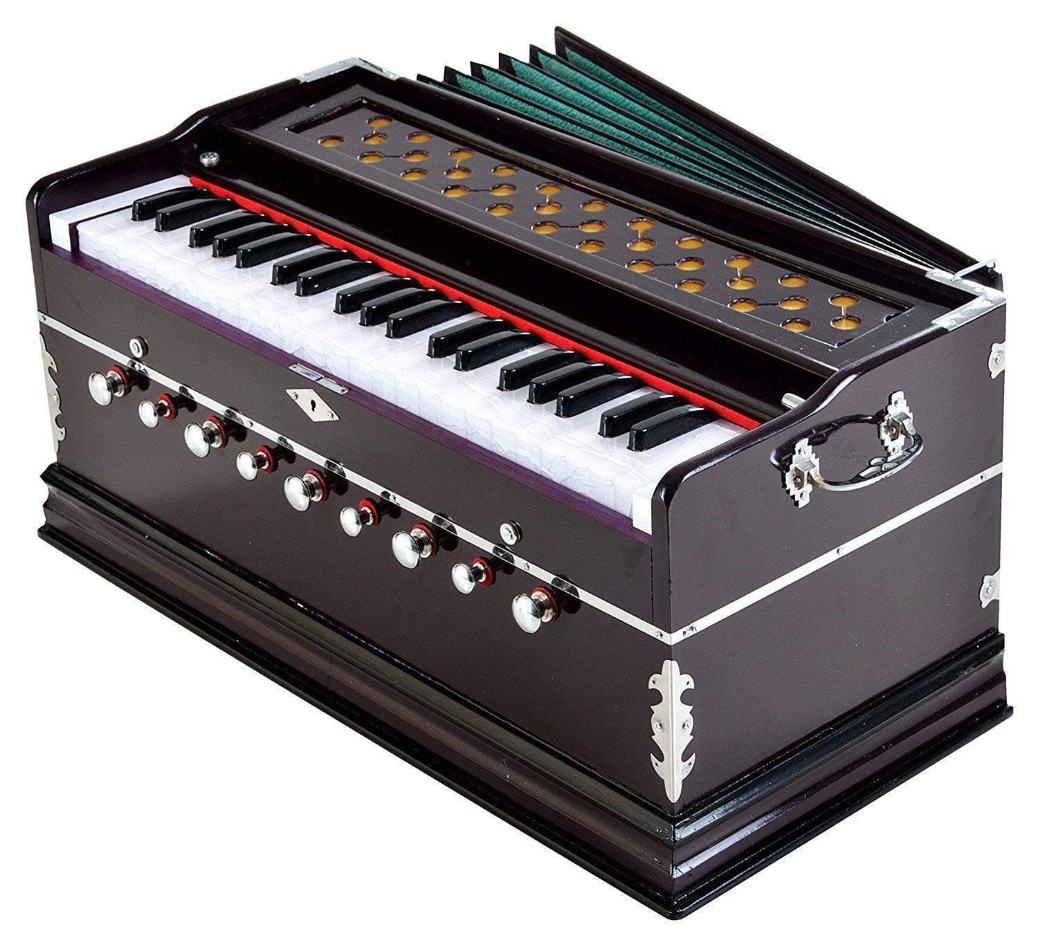 Harmonium Musical Instrument, SAI Musicals, In USA, 9 Stops, 3 1/2 Octave, Double Reed, Coupler, Dark Mahogany, Standard, Book, Padded Bag, A440 Tuned, Harmonium Indian Sangeeta (PDI-DC)