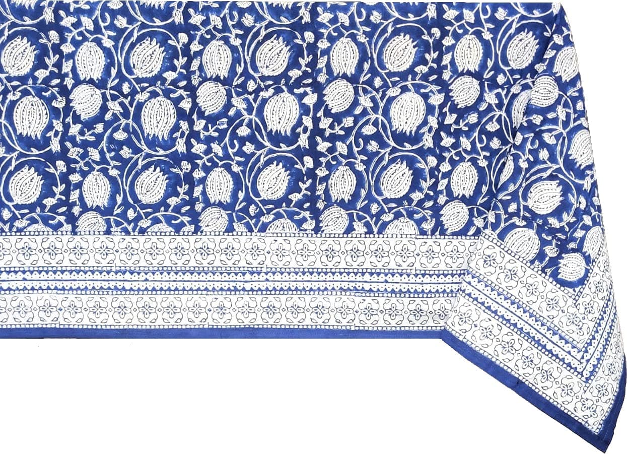 ATOSII ' Nargis ' Blue 100% Cotton Rectangle Fall Tablecloth, Handblock Floral Linen Table Cloth for Kitchen Dining Table I Parties Wedding Christmas Thanksgiving I Fall Decor 60 X 108 Inches