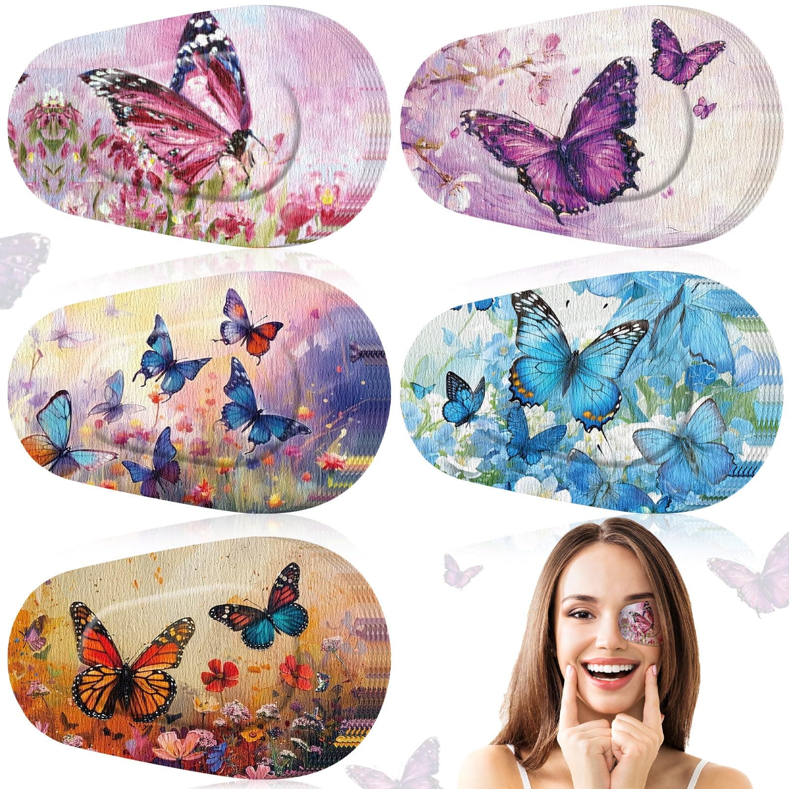 50 Pcs Disposable Eye Patches for Adults with 5 Styles Butterfly Designs Gentle Removal Eyepatches Adhesive Eyepatches for Lazy Eye Women Girl Valentine Gift
