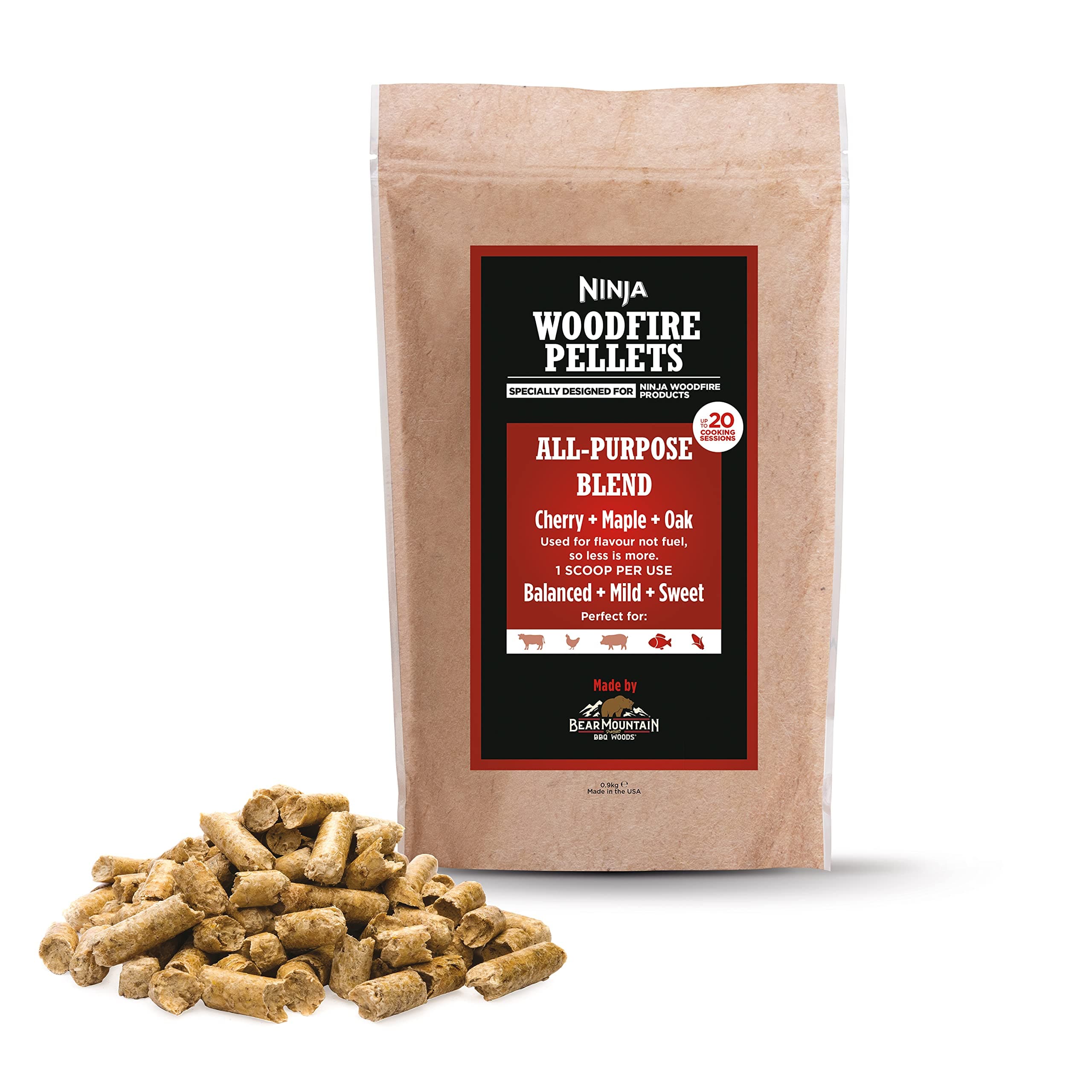 Ninja Woodfire Pellets, All-Purpose Blend, 900g Bag, Up to 20 Cooking Sessions, Hardwood Pellets, Only for use with Ninja Woodfire range, XSKOGAPBPL2UK