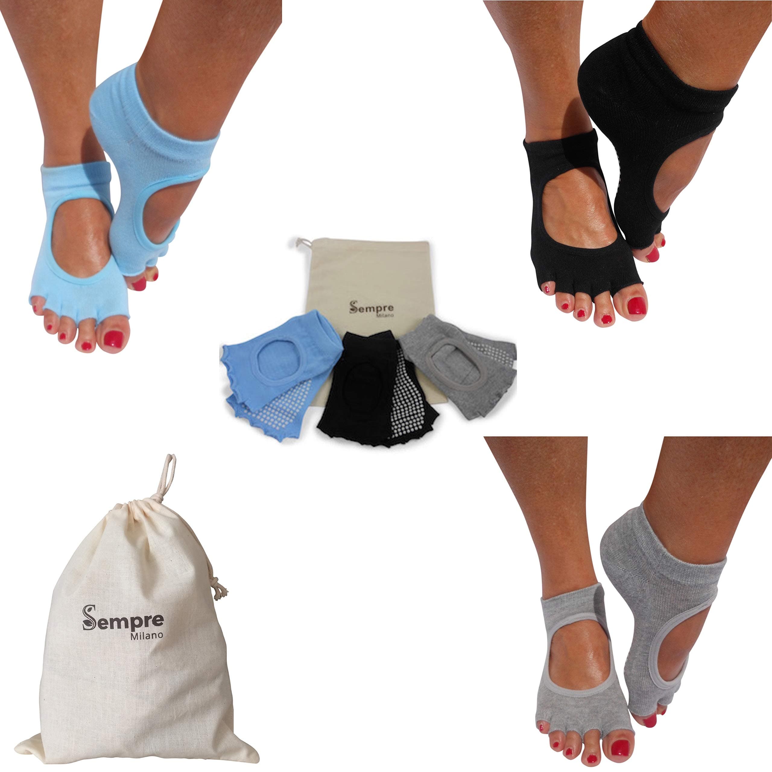 Non Slip Yoga Socks for Women Gripper Surface, Ideal for Pilates, Ballet, Dance, Exercise and Barre (3 Pairs) with Handy Storage Bag by Sempre