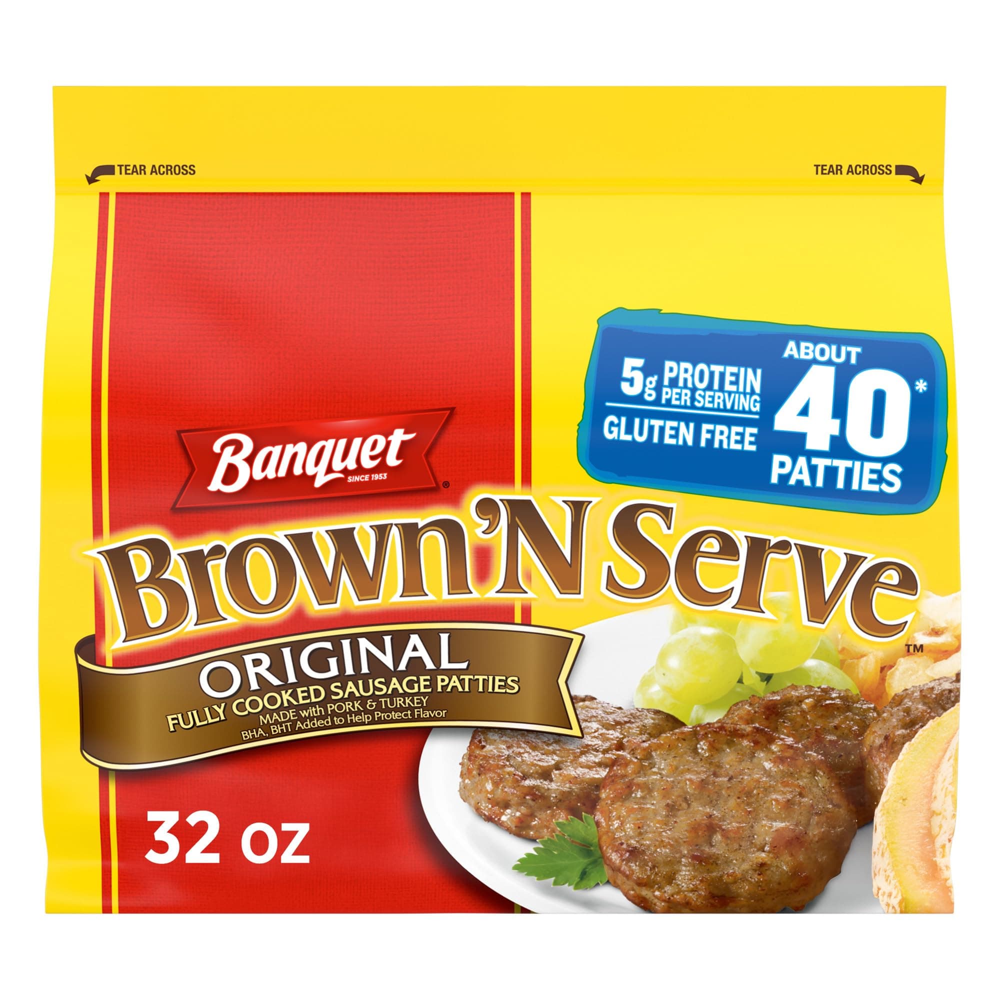 Banquet Brown'N Serve Original Fully Cooked Sausage Patties, Frozen Breakfast, 32 oz.