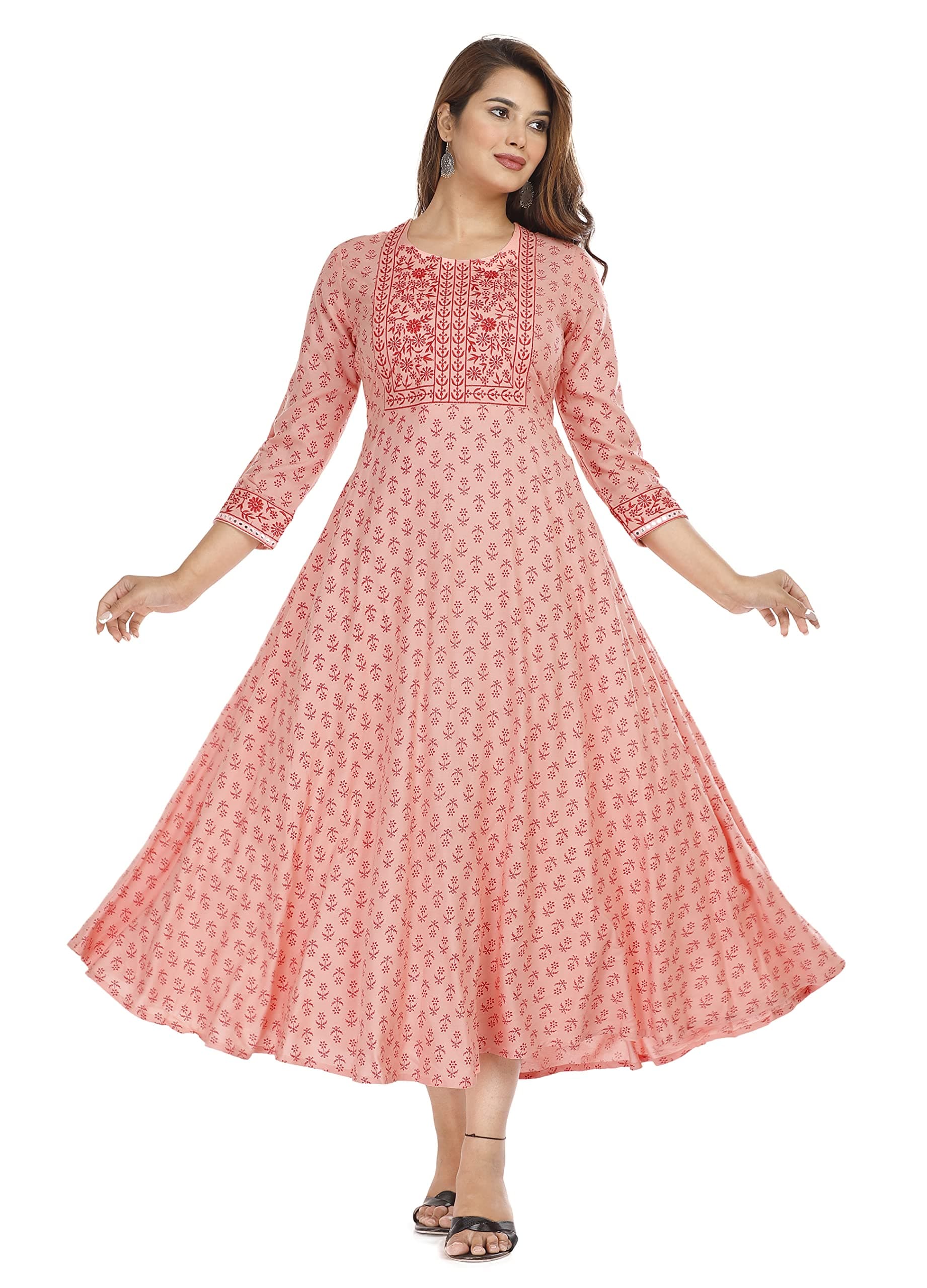 NANAK FEBWomen's Embroidered Printed Rayon Long Kurti for Regular Wear Girls Flared Kurta