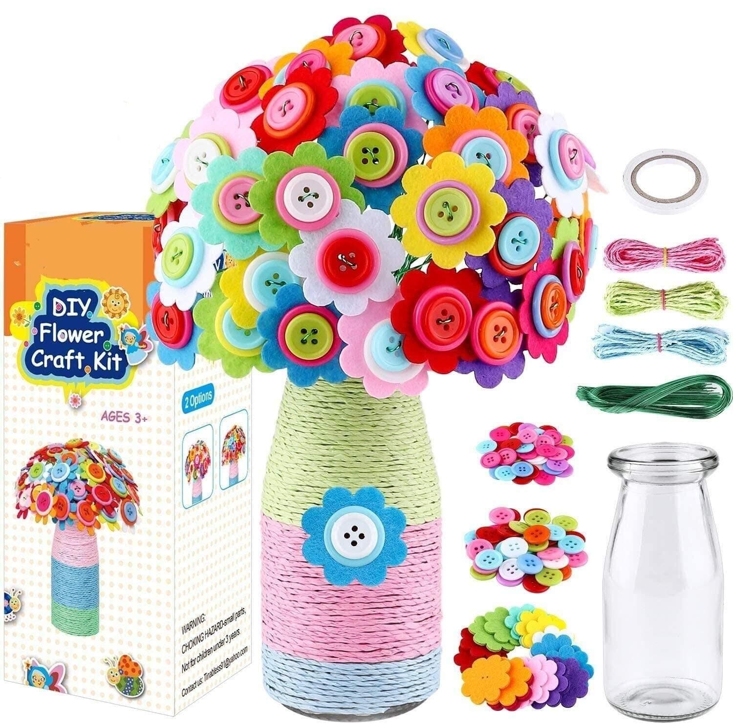 LEHSGY Flower Craft Kit for Kids - Colorful Button & Felt Flowers, Vase Art Toy & Craft Project for Children, DIY Activity Gift for Boys & Girls Age 4 5 6 7 8 9 10 Years Old