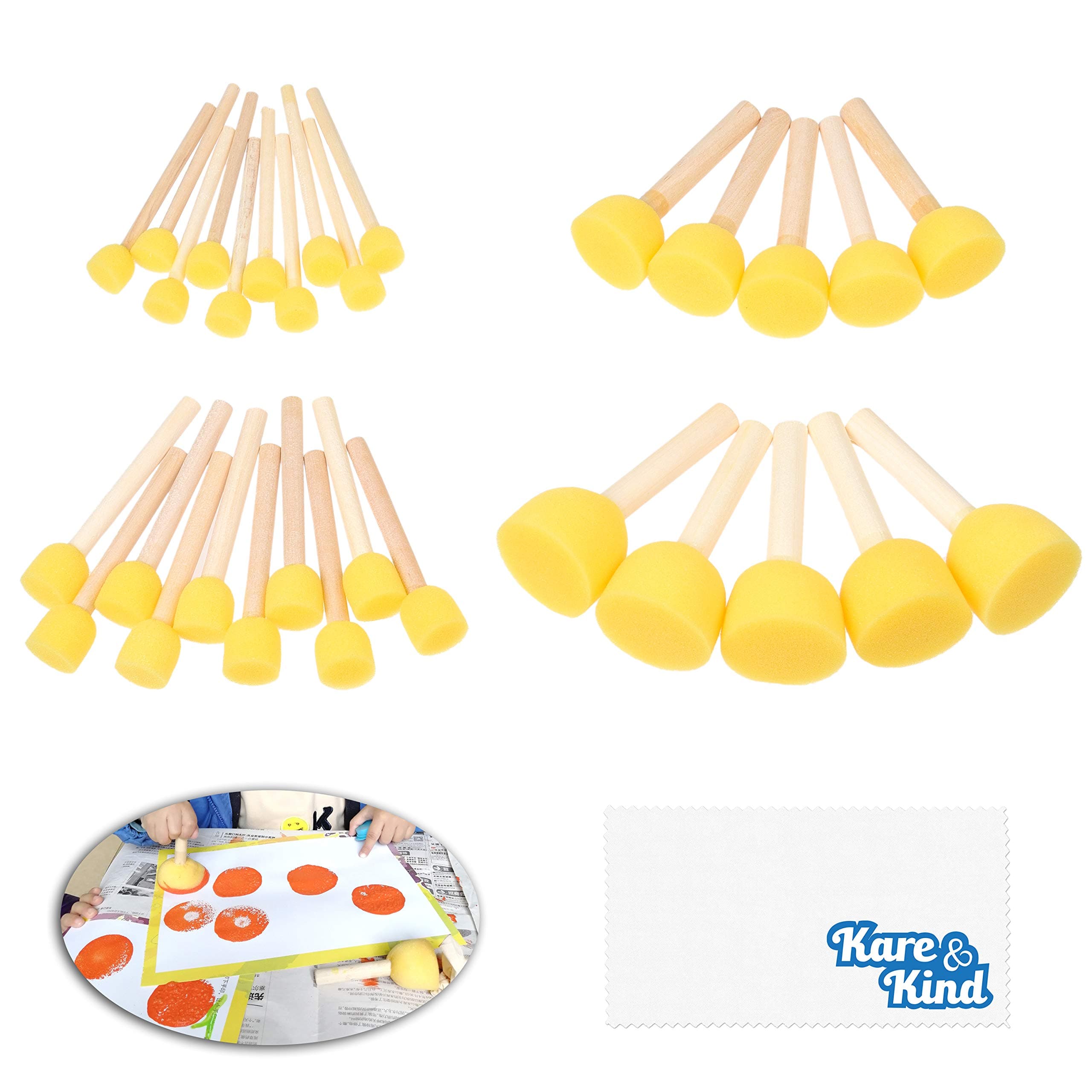 Kare & Kind30 Pcs Round Sponge Brush Set Paint Tools for Arts, Crafts, Stencils, Graffiti - Assorted Sizes - Foam Brush and Wooden Handle