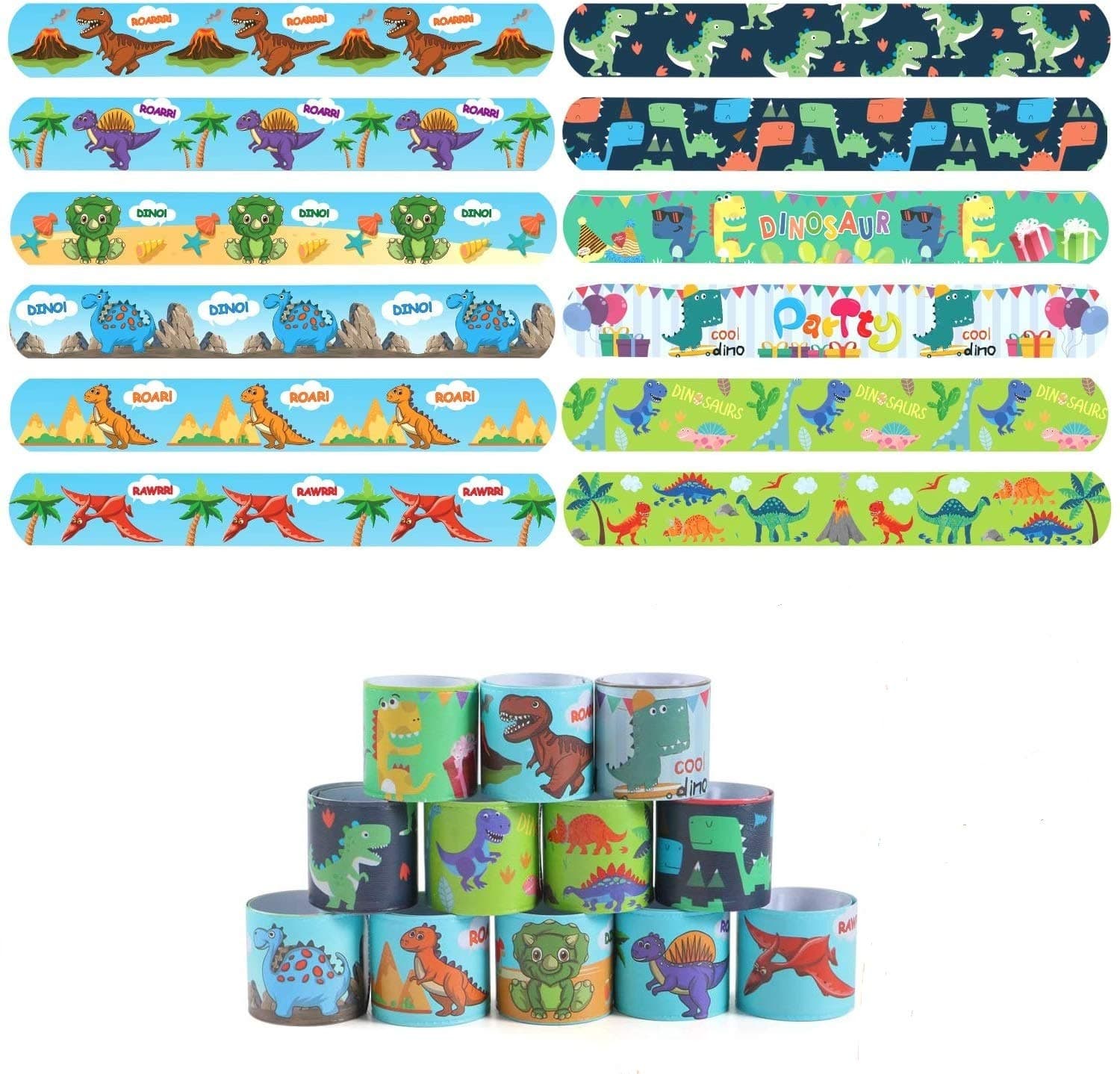 Lorfancy 48 Pcs Dinosaur Slap Bracelets with Animal Design Kids Bracelets Snap Bands Class Prize for Adults Boys Kids Dinosaur Toys Dinosaur Party Favors Supplies