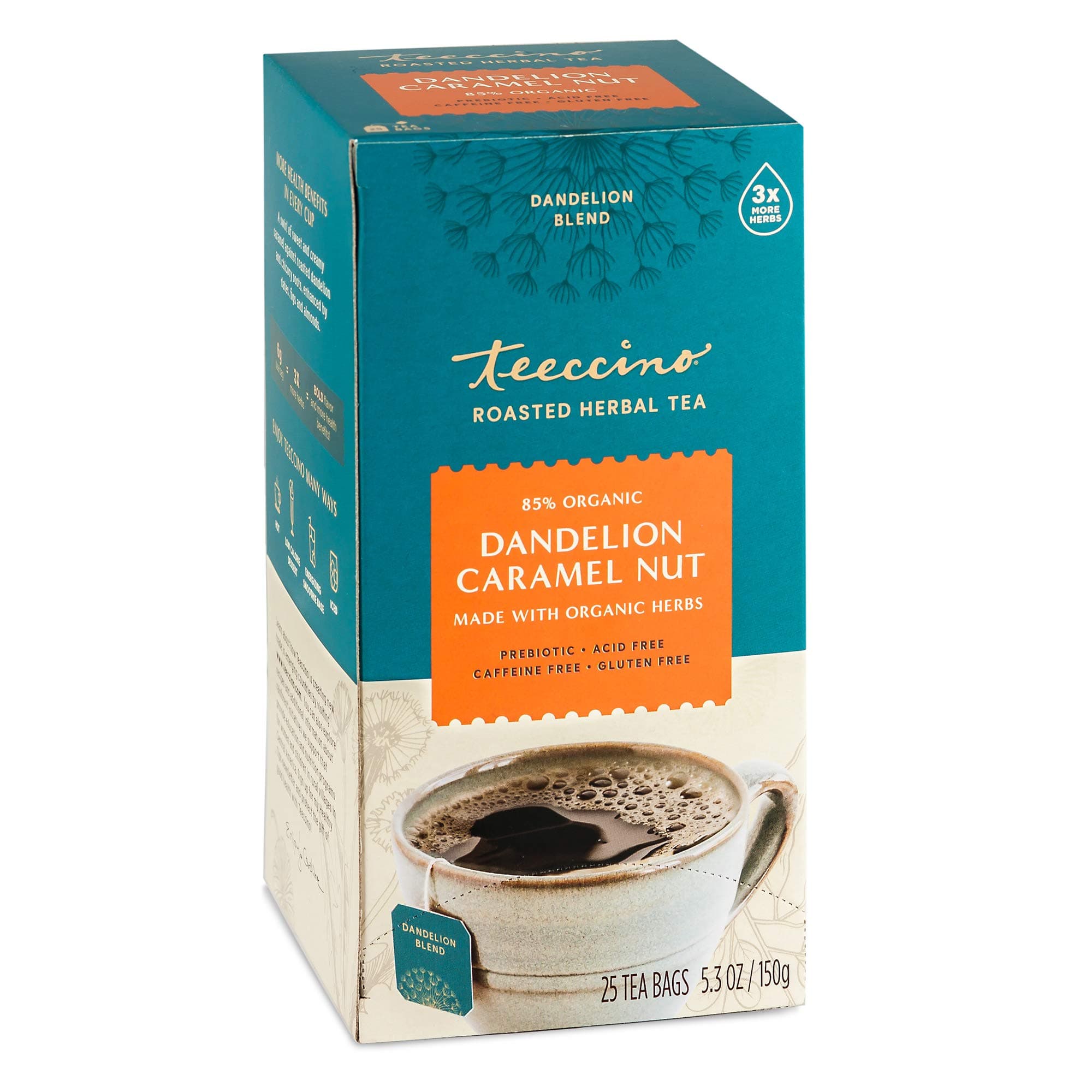 Teeccino Dandelion Caramel Nut Tea, 25 Tea Bags - Caffeine Free, Roasted Herbal Tea with Prebiotics, 3x More Herbs than Regular Tea Bags, Gluten Free, Great Hot or Iced, Herbal Tea