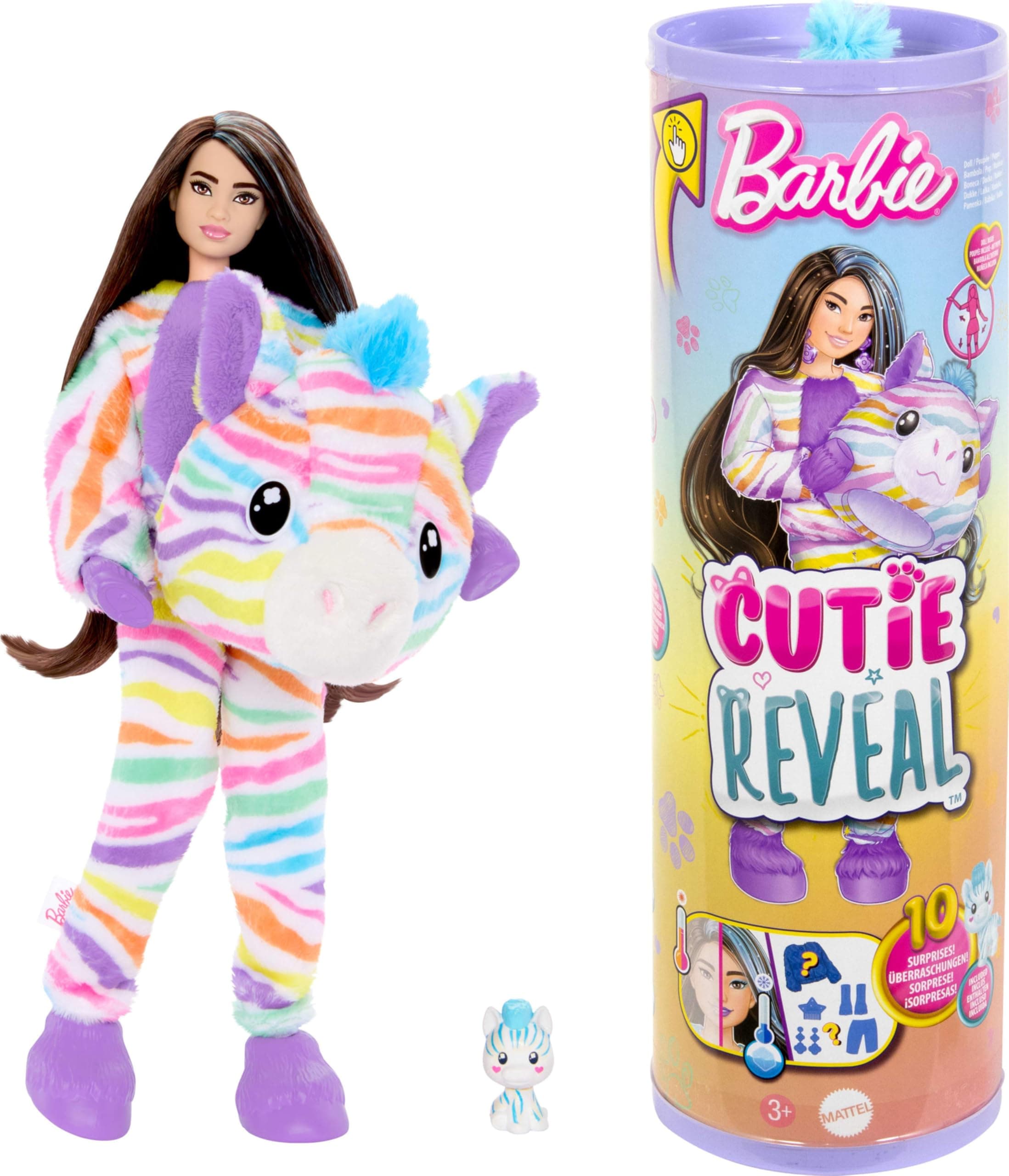 Barbie Cutie Reveal Doll & Accessories with Rainbow Zebra Plush Costume & 10 Surprises Including Color Change, Color Dream Series, HRK39